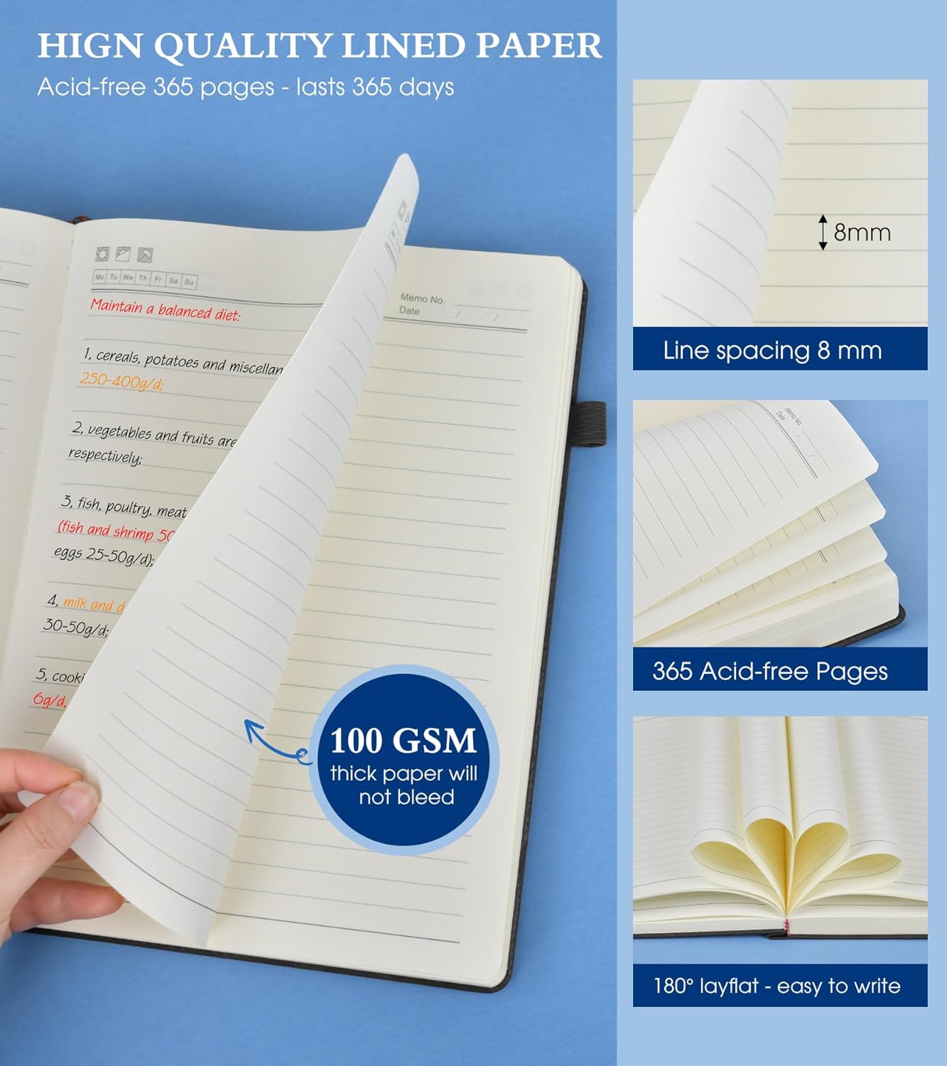 B5 Lined Journal Notebook - 365 Page Large Leather Journals for Writing Women Men,Hardcover Notebook with 100Gsm Thick Pages,Daily Diary for Travel, Work,School,College Ruled (7.6" x 10.3")