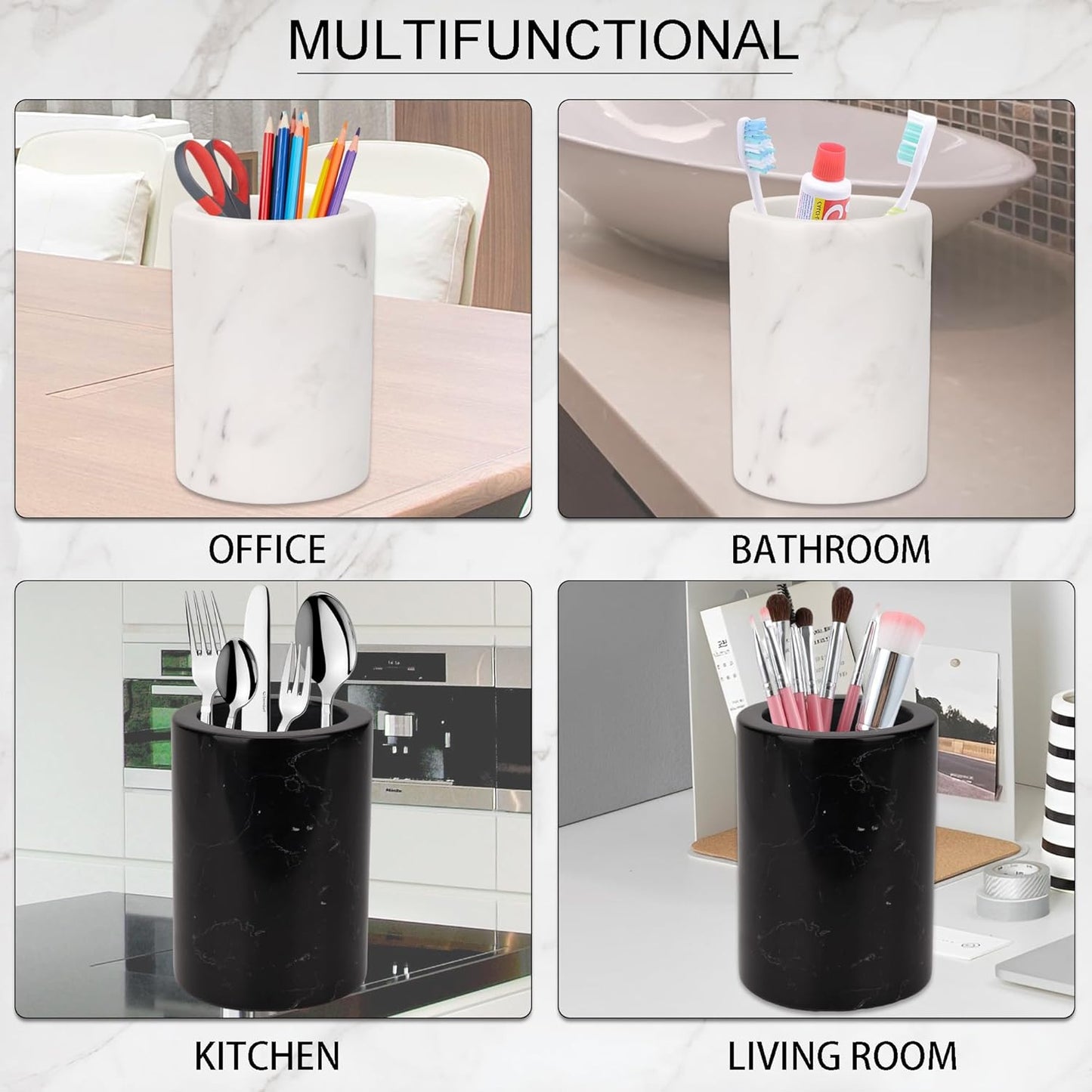 WORHE Natural Marble Pen Holder for Desk, Handcrafted Volakas Sturdy Desk Organizer for Office Supplies Storage Desktop Stationary Makeup Brushes Cup Pencil Holders for Home White (DL002)