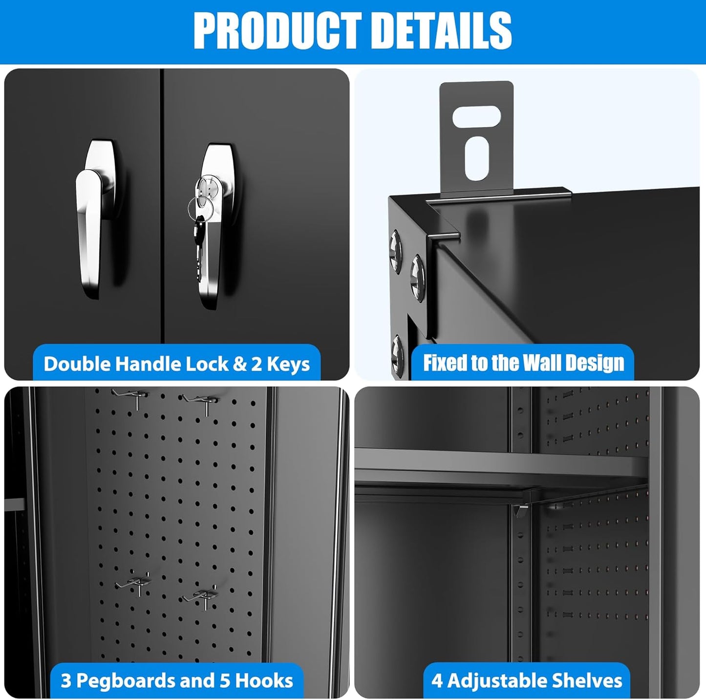 Aobabo Upgraded Wide & Deep Garage Storage Cabinet with Wheels, Metal Storage Cabinet with Door Pegboards and 2 Rod for Garage Home Storage (Black, 43.3''W x 21.9''D x 72''H),Required Assembly