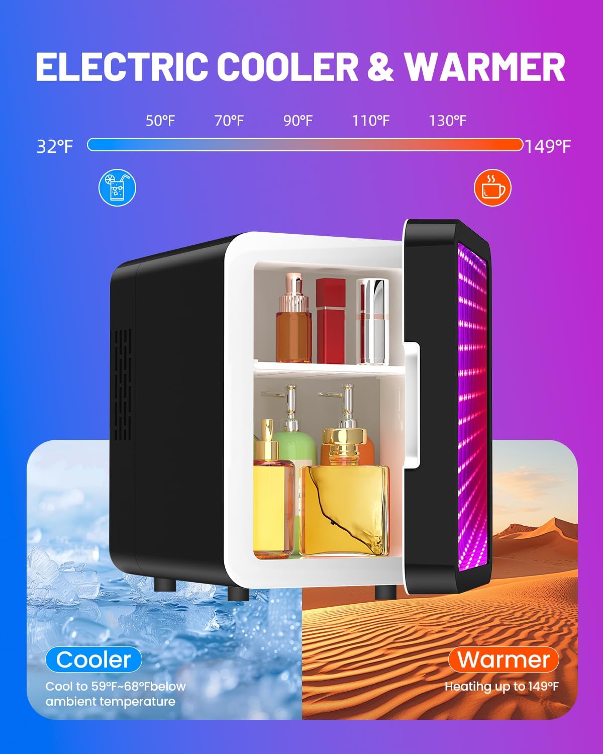 Skincare Fridge - 4L Mini Fridge with Thousand-layer Mirror of 12 Color Adjustable LED Lights, Cooler and Warmer, Beverage Cooler for Bedroom, Gaming Room, Office and Car, Black
