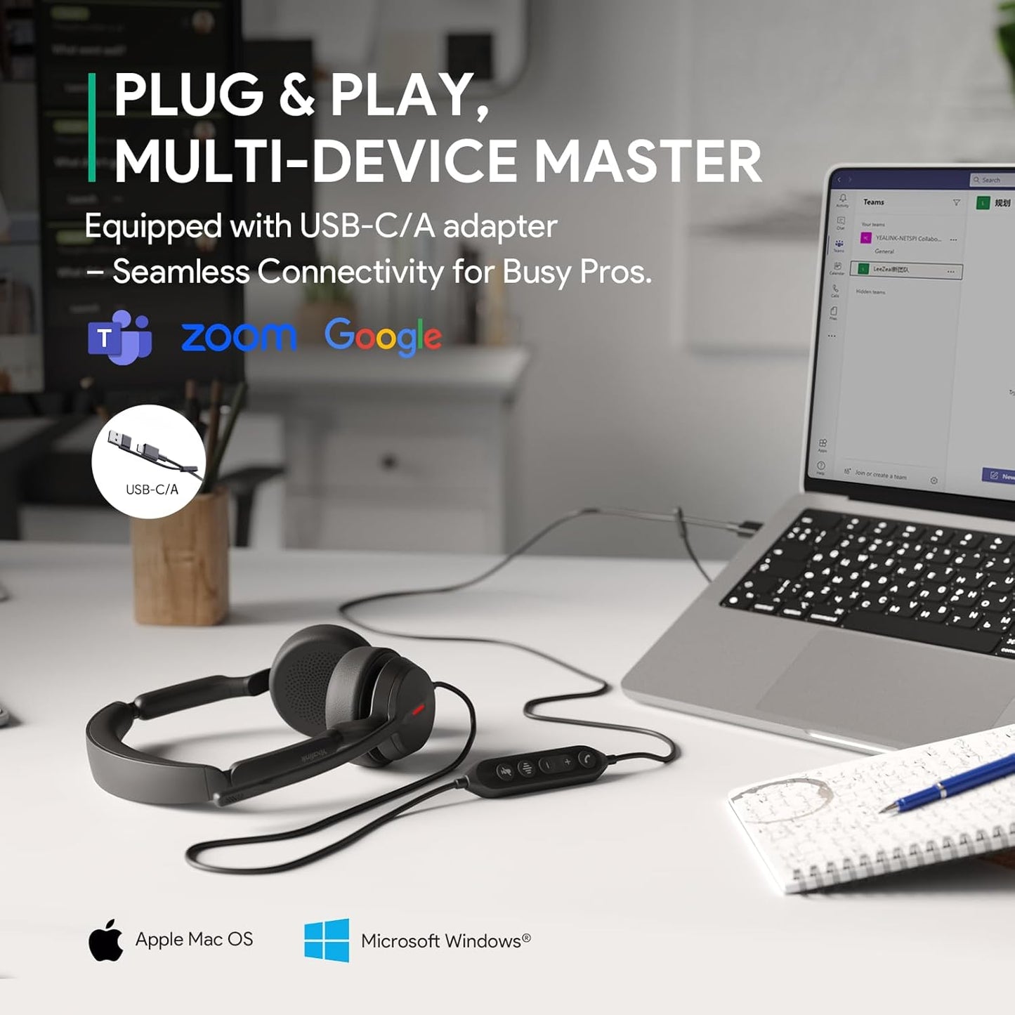 Yealink UH44 Teams Certified USB Wired Headset with 2 Noise Cancelling Mics,Stereo Sound for PC,Laptop,Teams,Zoom,Call Center,Home Office,Inline Controls,Comfort Ear Cushions,USB-C/A,Busylight-Black