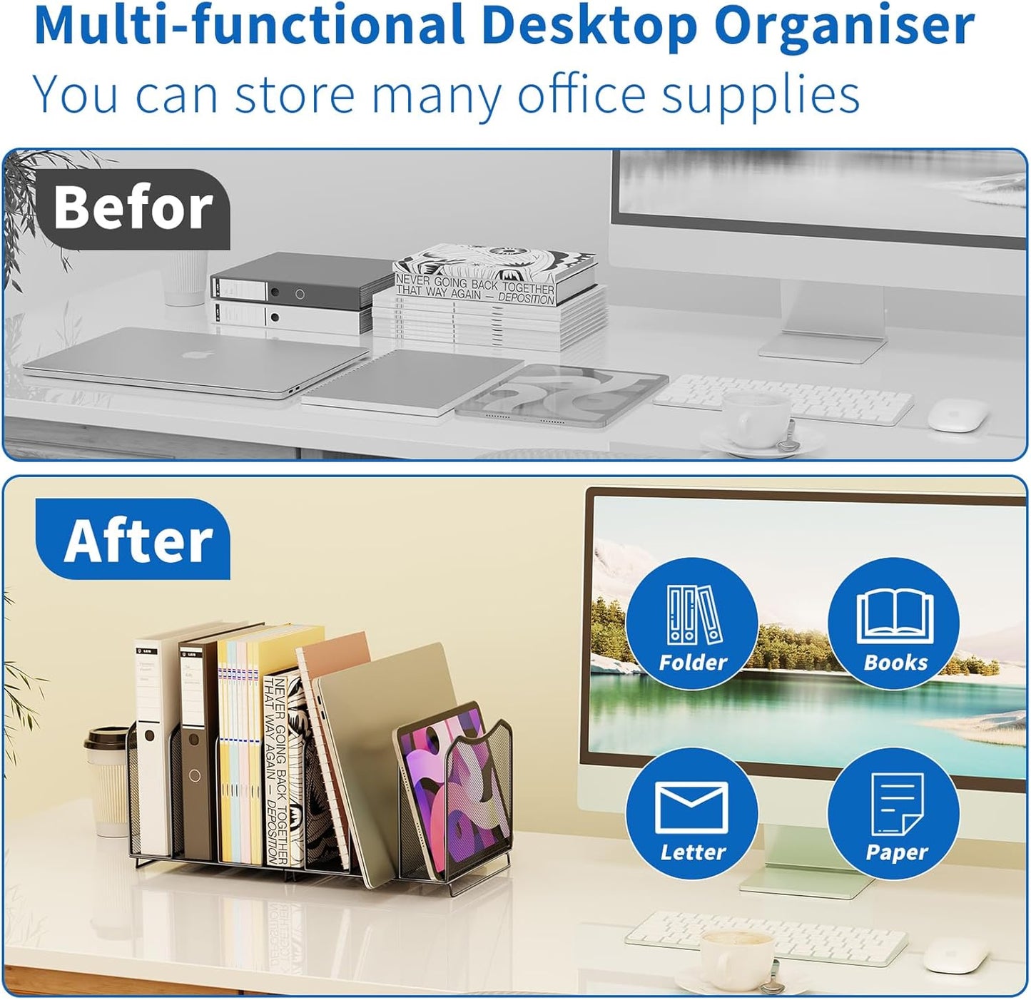 Simple Trending Mesh Desktop File Sorter Organizer, 7 Section Bookshelf For Desk Home Office, Black