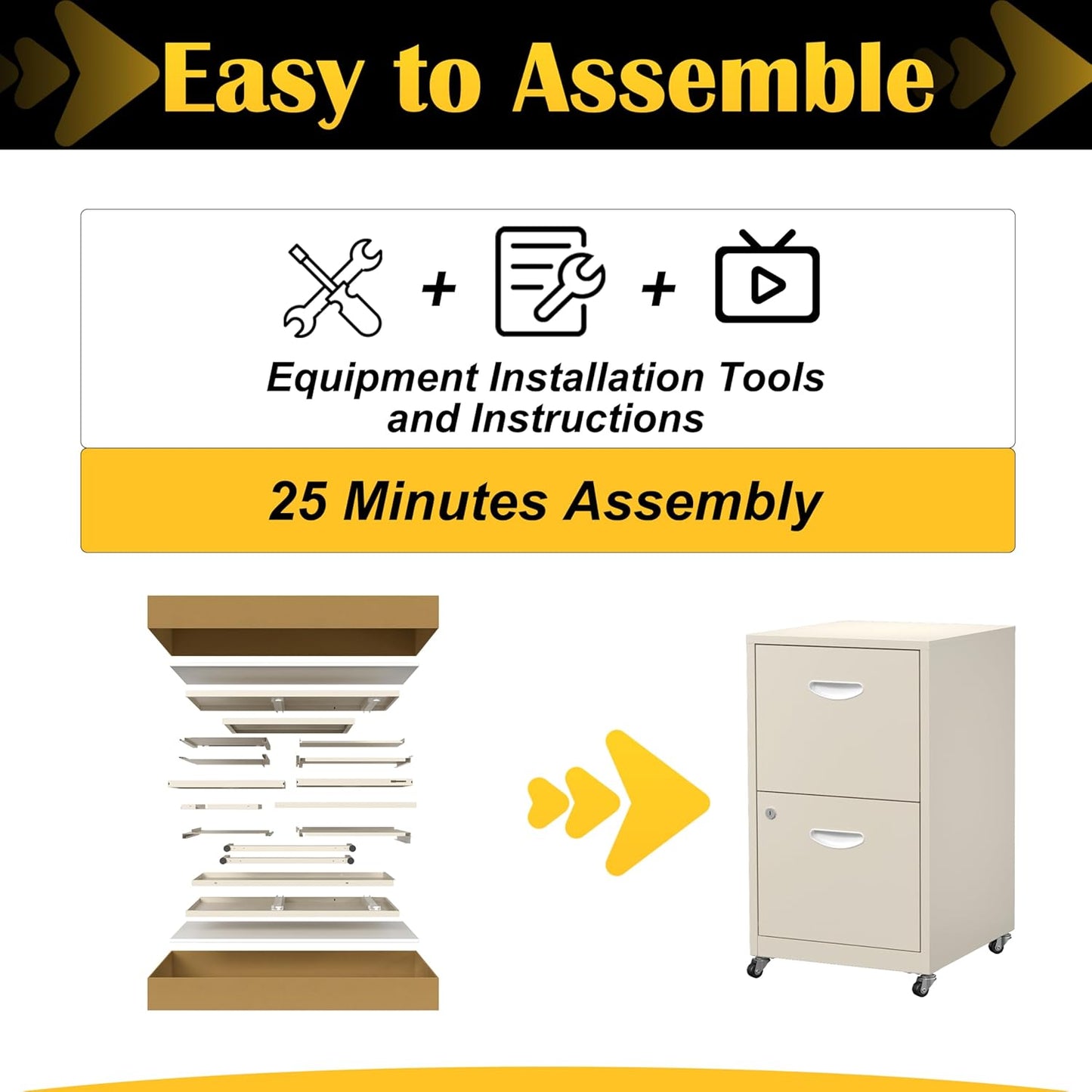 2 Drawer File Cabinet with Lock,Cream Rolling File Cabinet for Home Office, Metal Small Mobile Filing Cabinets on Wheels for Hanging Letter