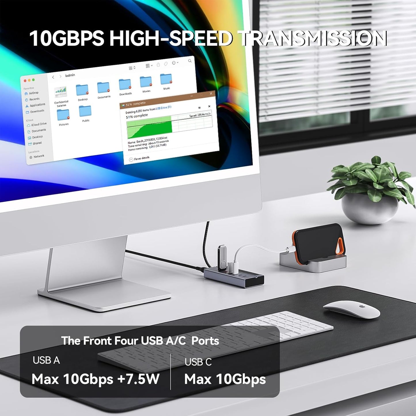 Minisopuru Powered USB C Hub – Support Max 45W Charging, 10Gbps Data Transfer, 6 IN1 USB C Hub with 72W Power Adapter, Compatible with Meta Quest Pro, Steam, iPad Pro, iPhone, Watch (Not for Monitor)