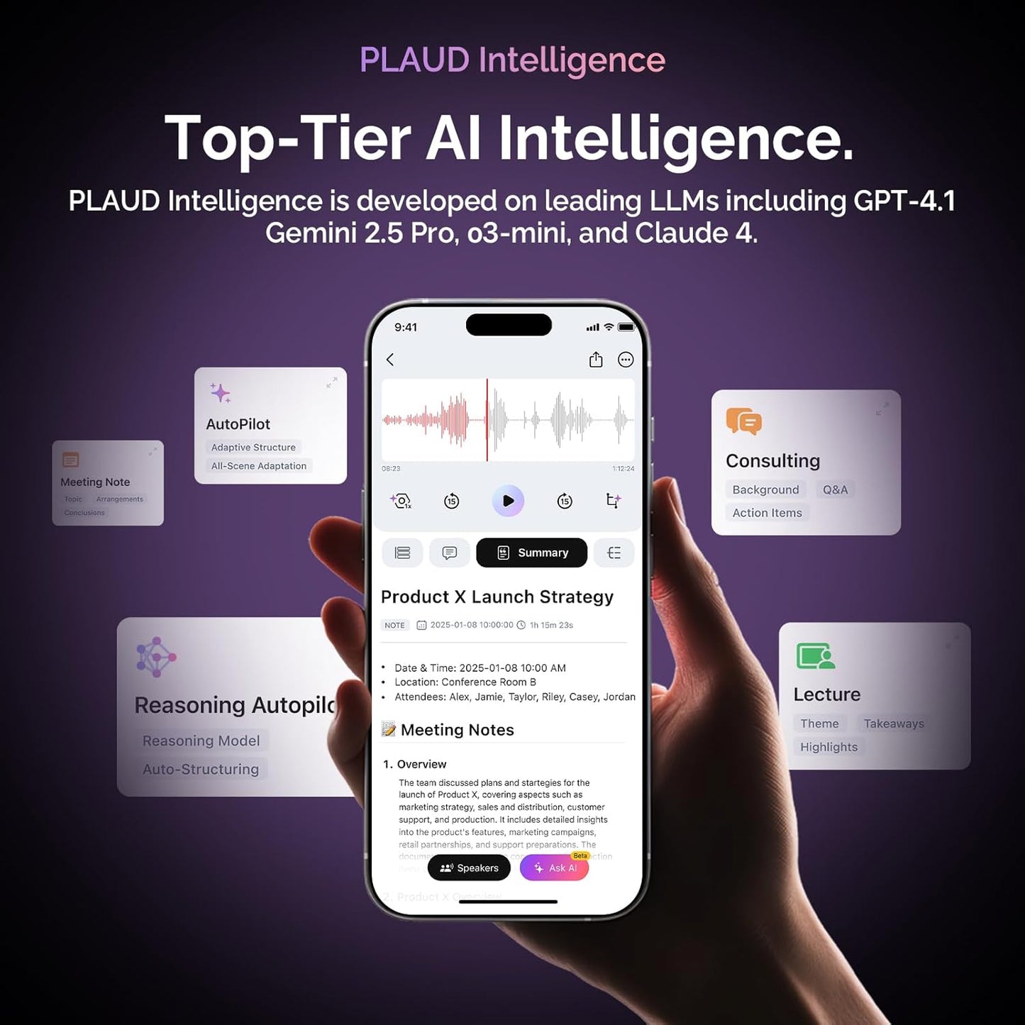 NotePin Voice Recorder, AI Voice Recorder, App Control, AI Notetaker, AI Transcribe & Summarize, Support 112 Languages, 64GB Memory, Audio Recorder for Lectures, Meetings, Sunset Purple