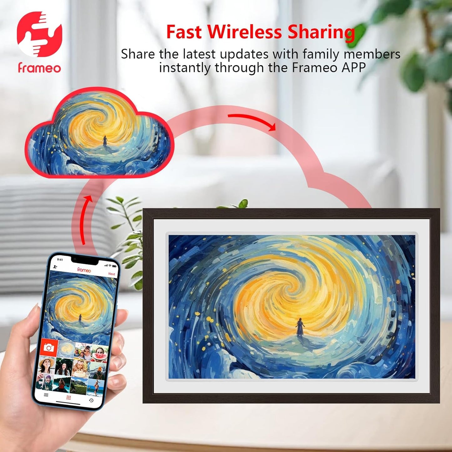 Touch Screen FRAMEO Digital Picture Frame 32GB Storage WiFi Smart 21.5 inch Photo Frame, FHD IPS Auto-Rotate, Attach Wall mounting Bracket Share Photos or Videos Instantly via Frameo APP