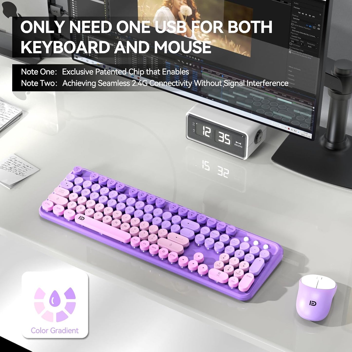 Wireless Keyboard and Mouse Combo, 2.4 GHz Wireless Full-Sized Typewriter Keyboard with Round Keycaps for Windows, Computer, Desktop, PC, Laptop (Purple)