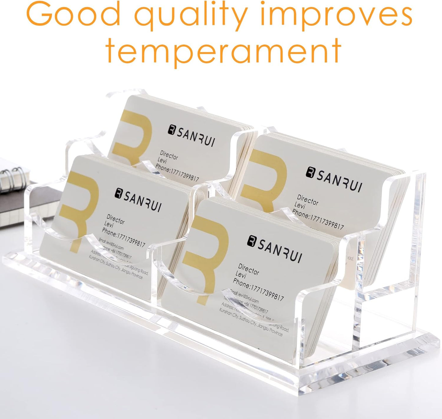 SANRUI Clear Horizontal Business Card Holder Stand for Desk, Acrylic Desktop Display Name Cards Holders Organizer Storage Rack,for Exhibition, Home , Office ,2 Tier 4 Pocket, 240 Card Capacity
