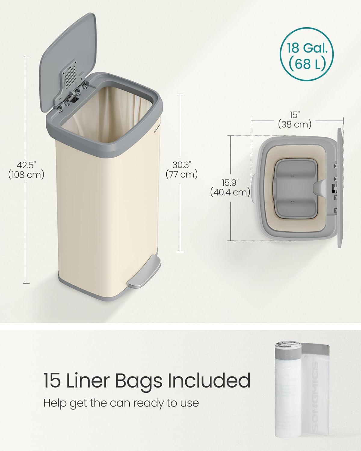 SONGMICS Kitchen Trash Can, 18-Gallon Stainless Steel Garbage Can, with Stay-Open Lid and Step-on Pedal, Soft Closure, Tall, Large and Space-Saving, Sand Beige and Dove Gray ULTB520A01