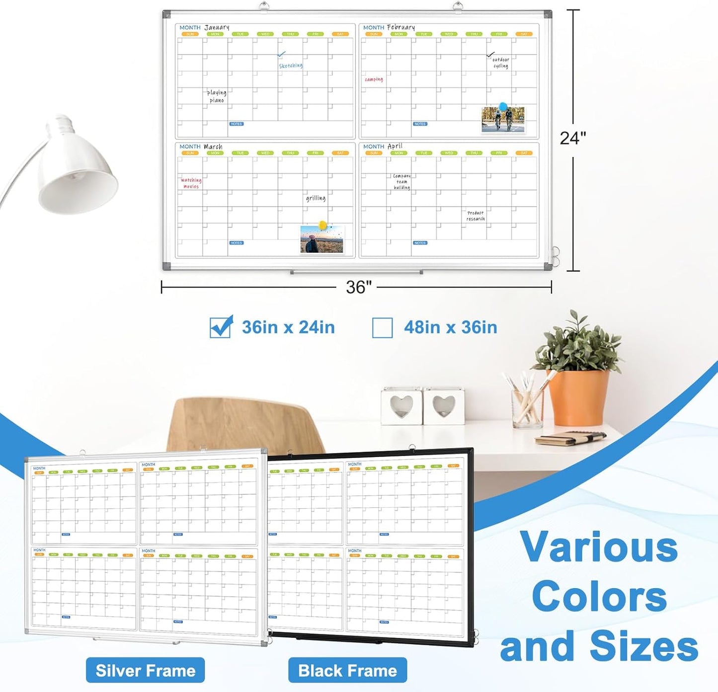 Dry Erase Calendar for Wall 4 Month, WALGLASS 36" x 24" Large Double-Sided White Board Calendar, Dry Erase Monthly Planner Board, Silver Aluminum Frame Hanging Wall Mounted for Office Home School