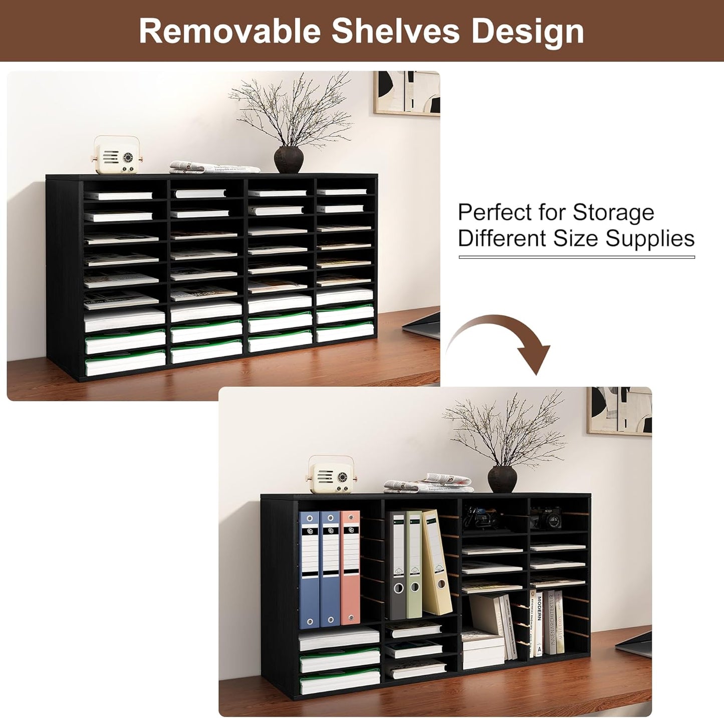 EasyPAG Mail Organizer Countertop, Wood Literature Organizer with Adjustable Shelves, Student Classroom Mailbox for School, Desktop Paper Sorter for Office Home, 36 Compartments, Black