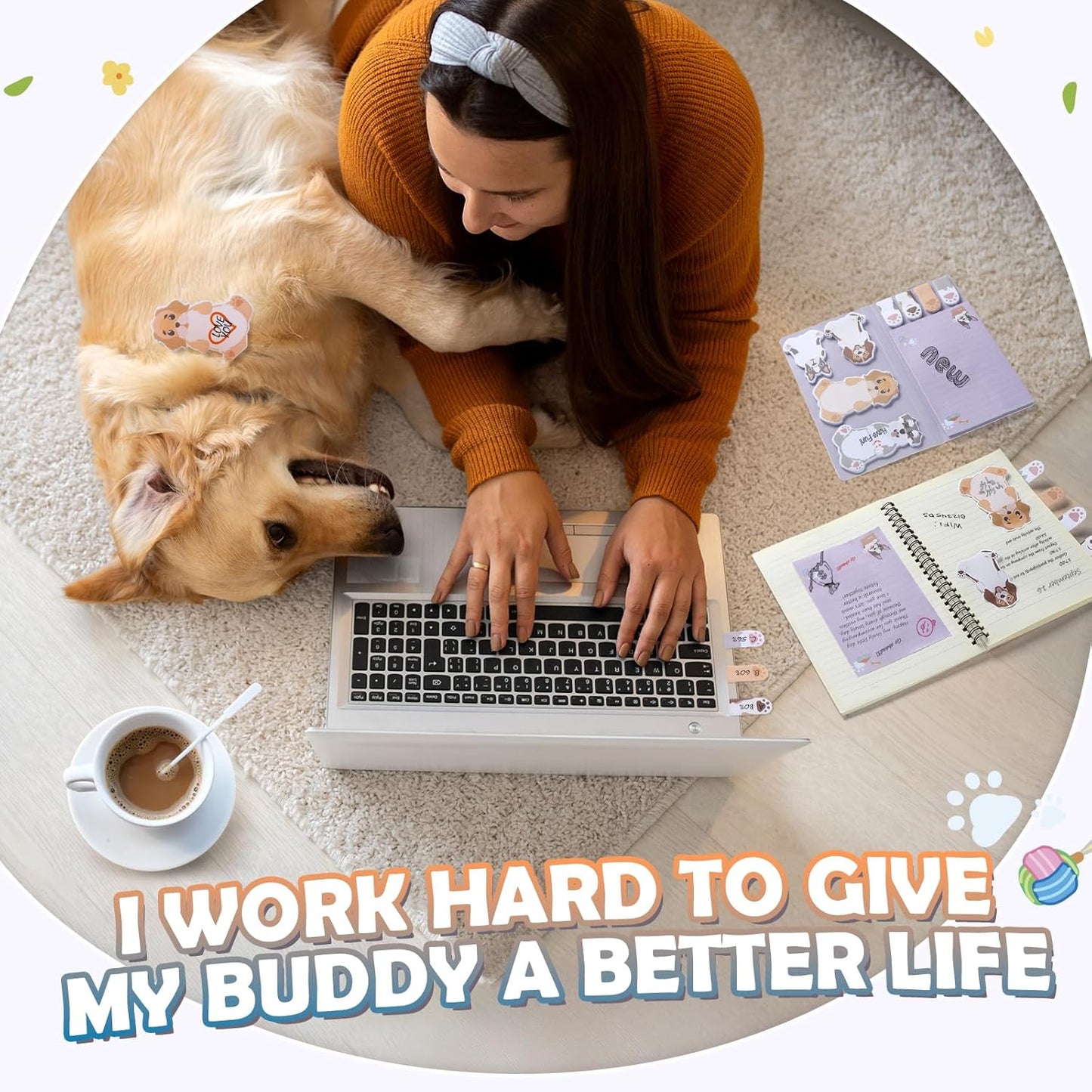 Hommie Cute Sticky Notes, Dog Sticky Notes Set Planner Dividers Self-Stick Notes Pads Animal Divider Tabs Bundle Writing Memo for Dog Lovers Home Office School Supplies