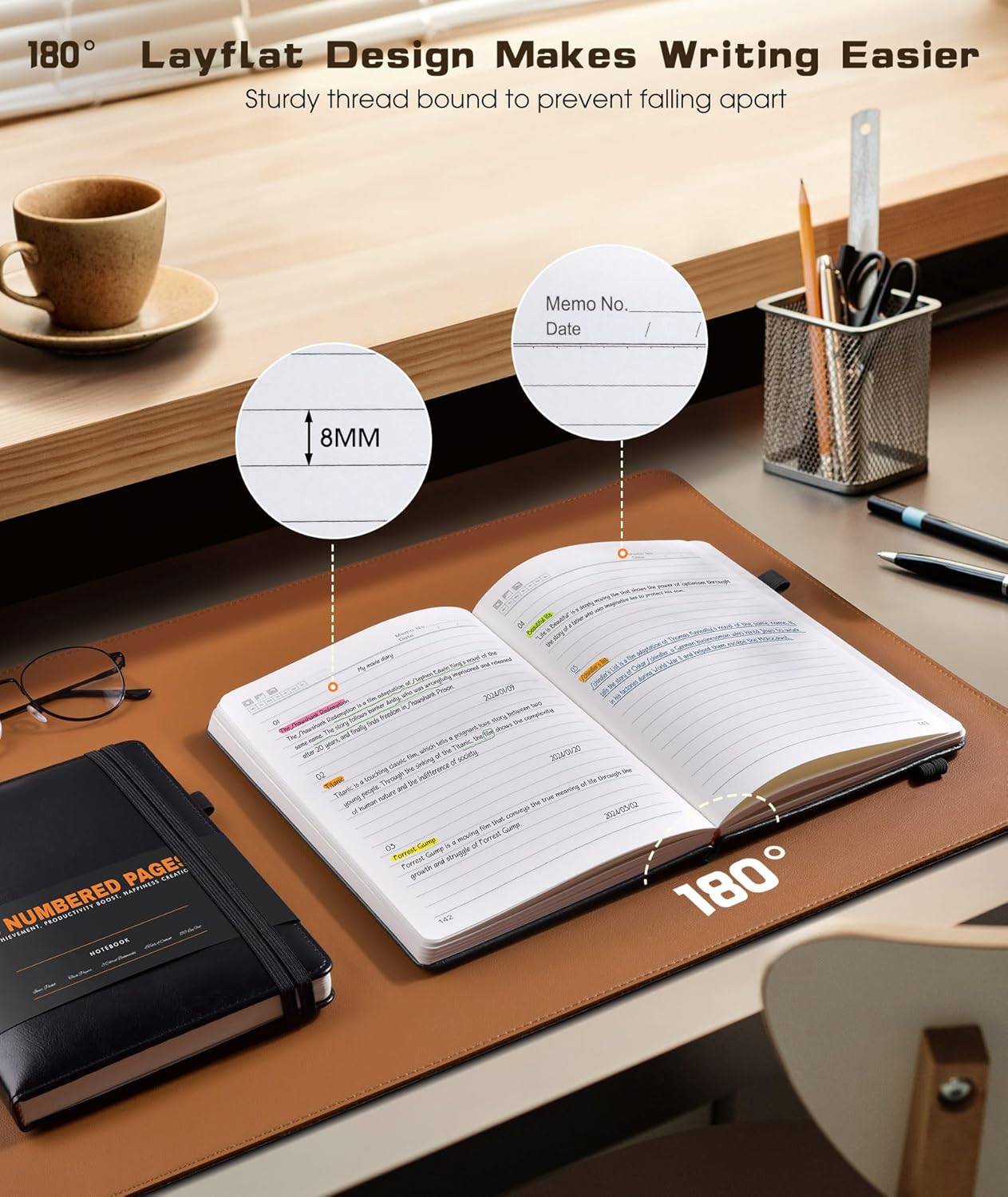 Lined Journal Notebook for Women Men, 256 Numbered Pages Hardcover Leather Journals for Writing, A5 Journaling Notebooks, College Ruled Journal for Business Work School Note Taking 5.75" x 8.38" Black