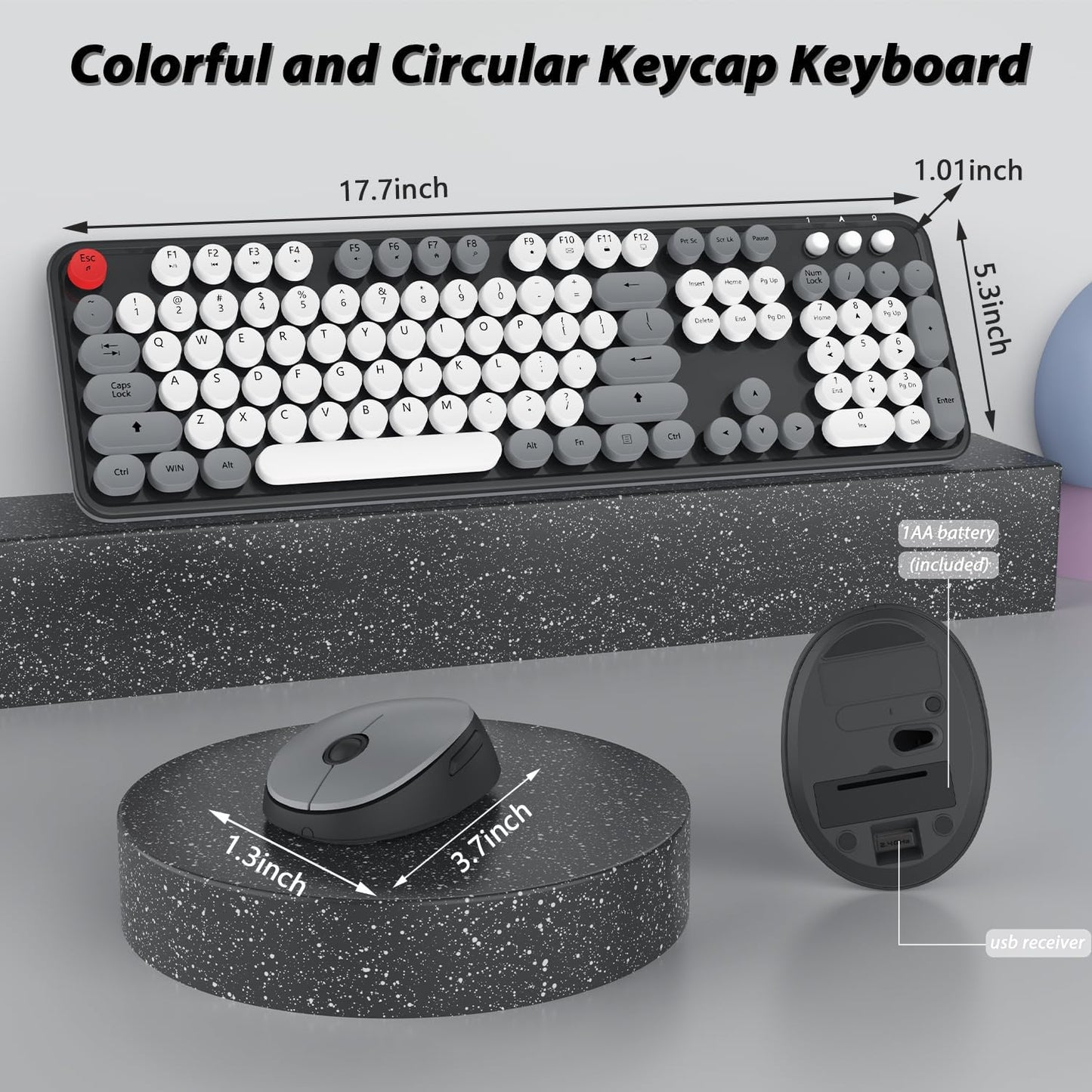 Wireless Keyboard Mouse Combo, Colorful Mouse and Keyboard Combo, 104 Keys Cute Wireless Keyboard with Number Pad for Windows, Computer, PC, Notebook, Laptop (Grey)