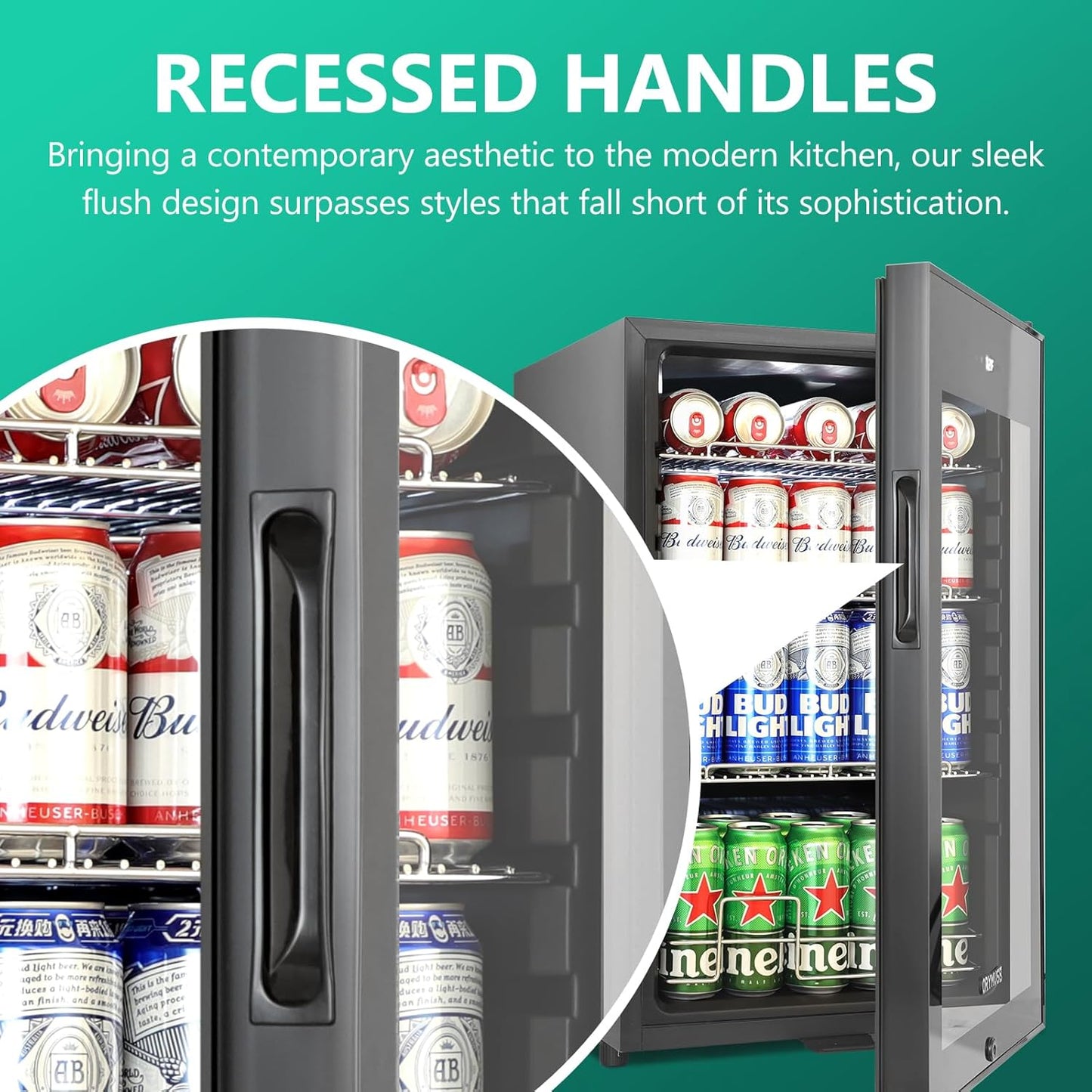 101 Cans Compressor Beverage Refrigerator, 17 Inch Drink Fridge with Glass Door, Adjustable Removable Shelves, Quiet Operation, Temp Memory, Beer Cooler for Soda, Beer, Water, Home Bar, Office