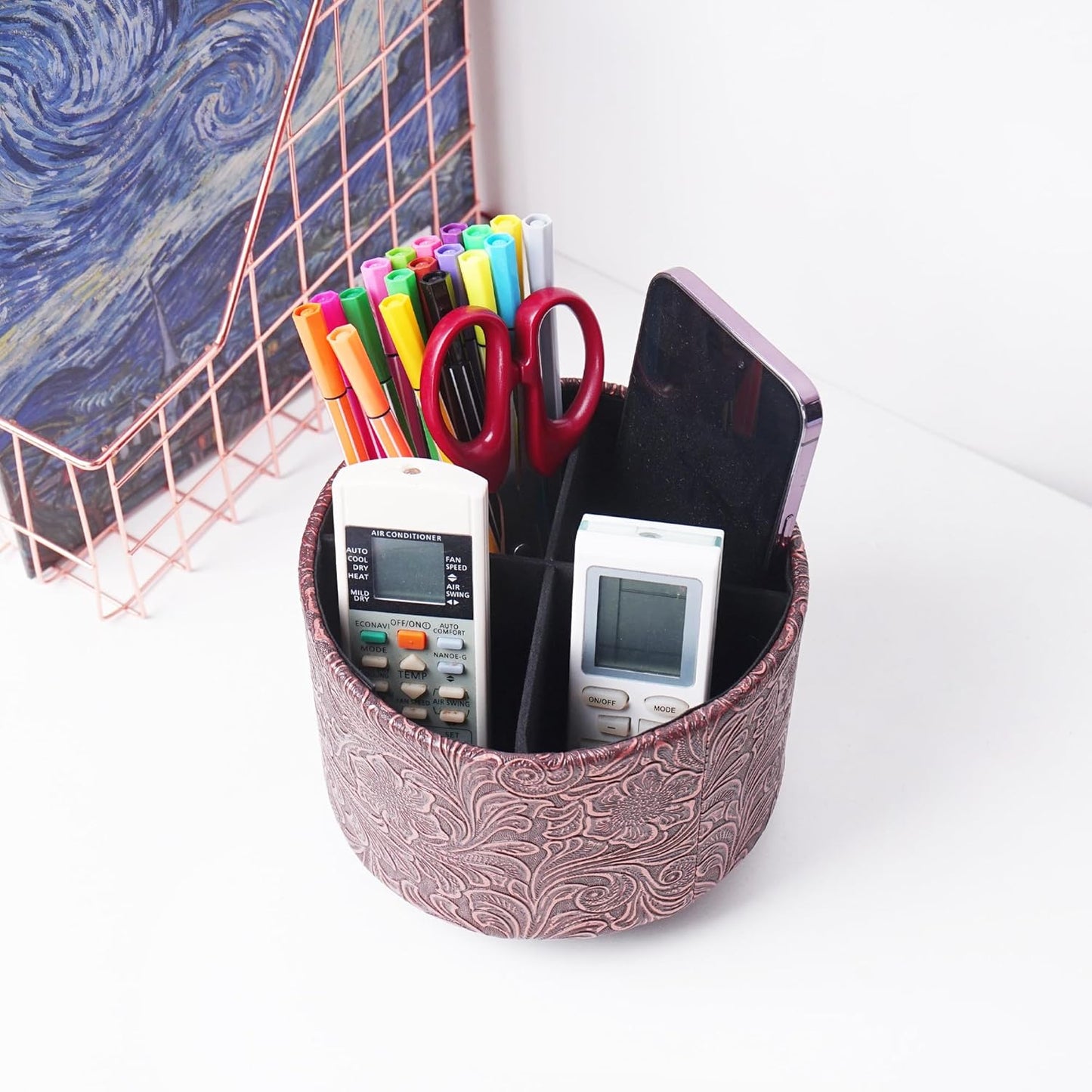 lizimandu Round Leather Art Supply Organizer,Remote Control Holder,360 Degree Spinning,Multi-Functional Pencil Holder,4 Compartments Desktop Stationary Organizer(1-Carved Cooper Red)