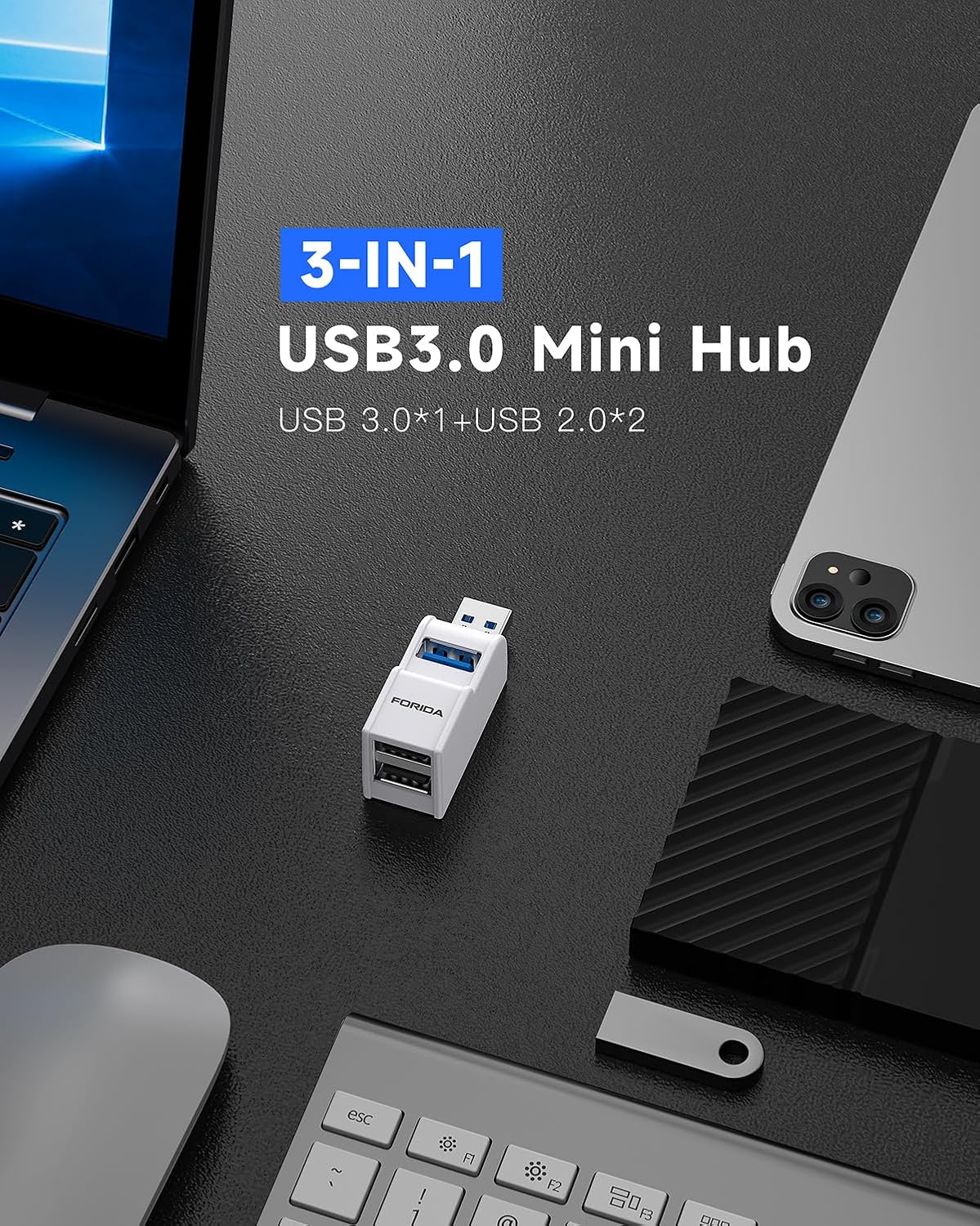 Mini USB Hub 3-Port USB Splitter 1 in 3 Out, USB Expander Adapter with USBA 3.0 Data Transfer Port, 2 USB 2.0 Ports Hub, USB Dongle for PC, Laptops, Keyborad, Mobile Hard Disk and More