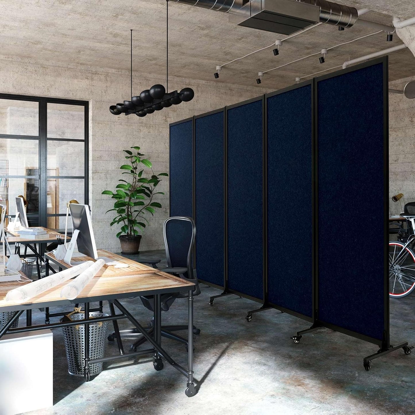 Upgrade Version Room Partition and Divider, Freestanding Rolling Dividers with Wheels,Office Privacy Screen Divider Wall,Classroom Felt Dividers,10'6"L* 6'7"H,5 Panel,Blue