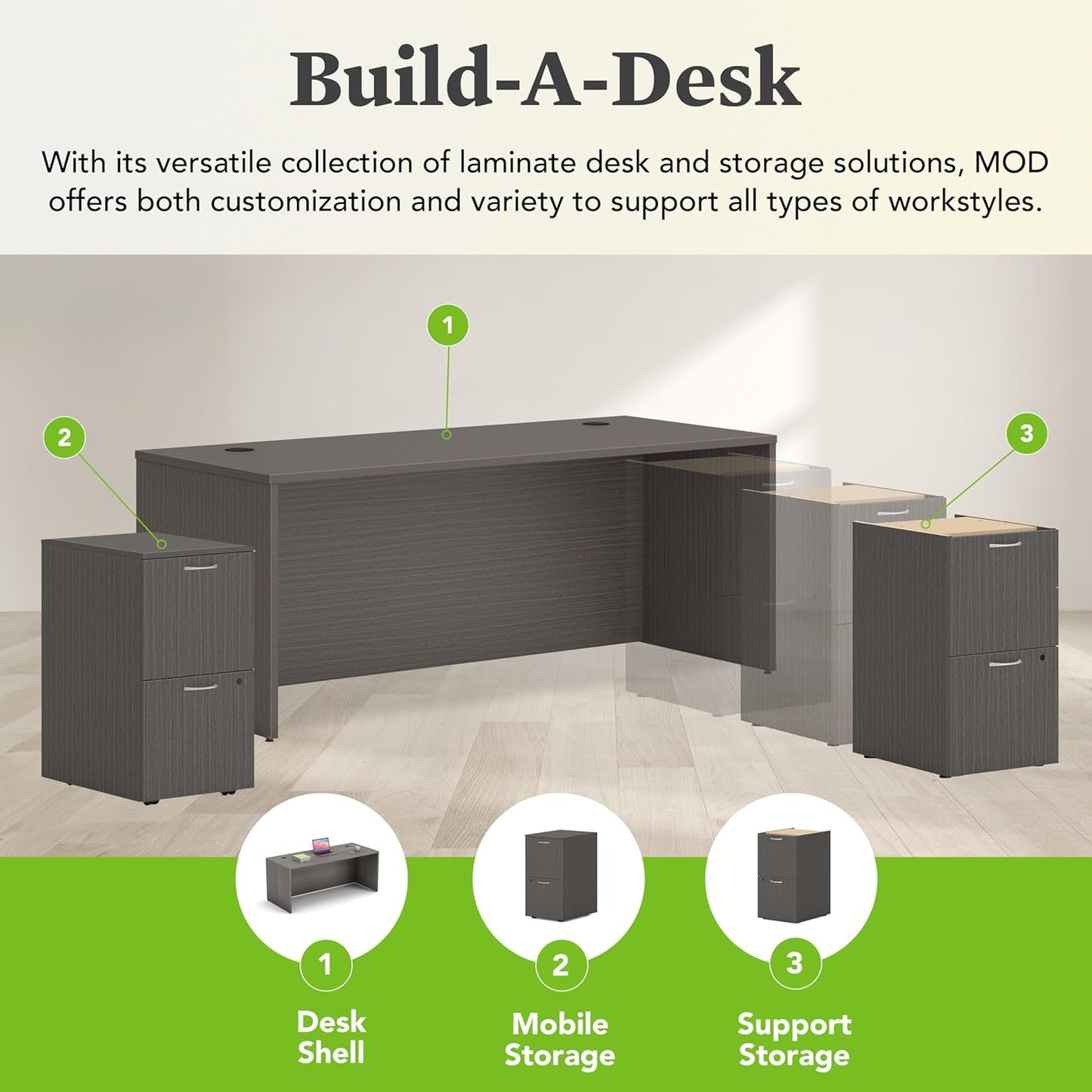 HON MOD Executive Desk 72-Inch Large Computer Desk Shell, Thick Wooden Laminate, Modern Table with Cord Management, 72" W x 30" D x 29" H, Slate Teak