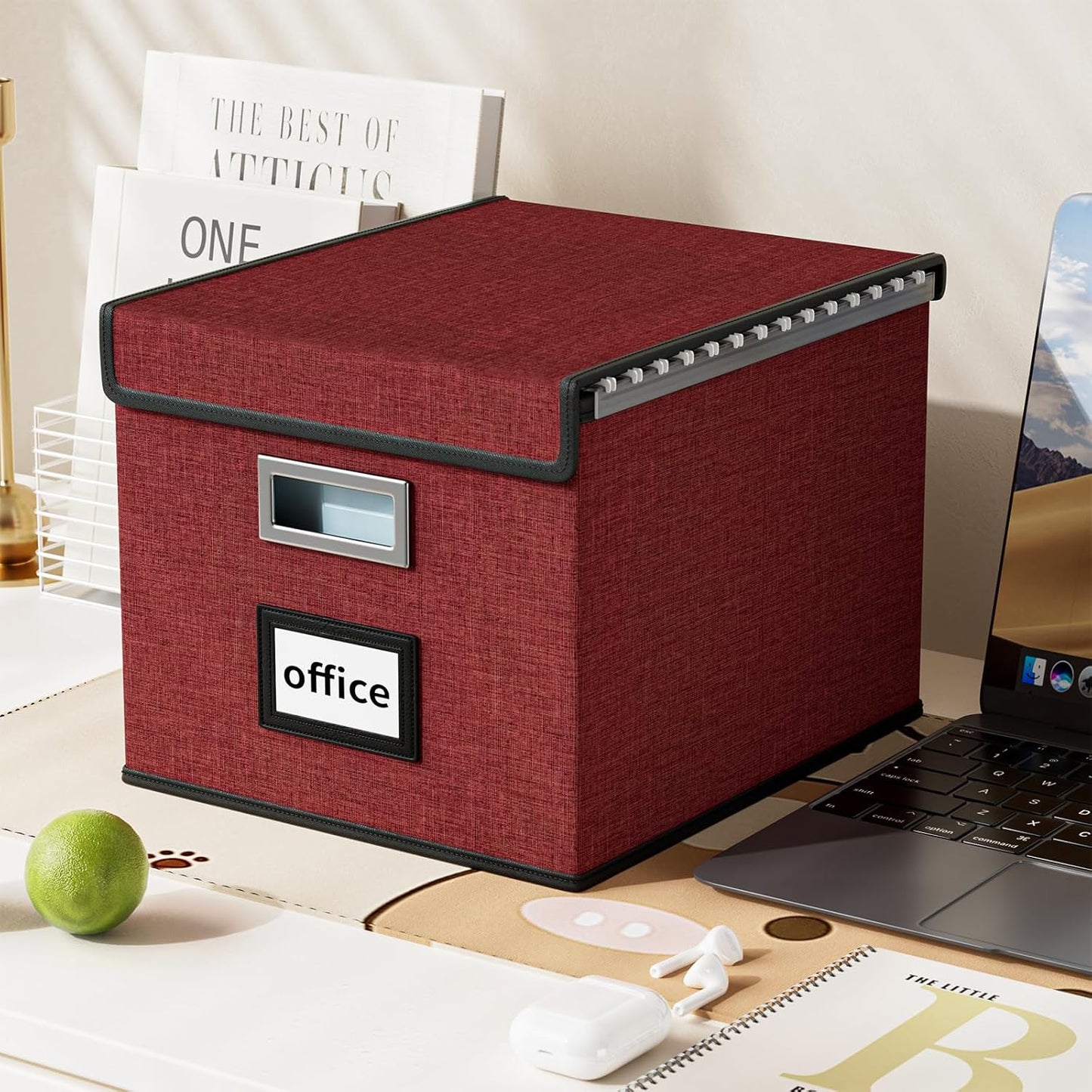 Huolewa File Storage Organizer Box with lid, Decorative Small Oragnizer Boxes for Hanging File, Linen Filing Box Cabinet with Plastic Slides for Office/Decor/Home Organization