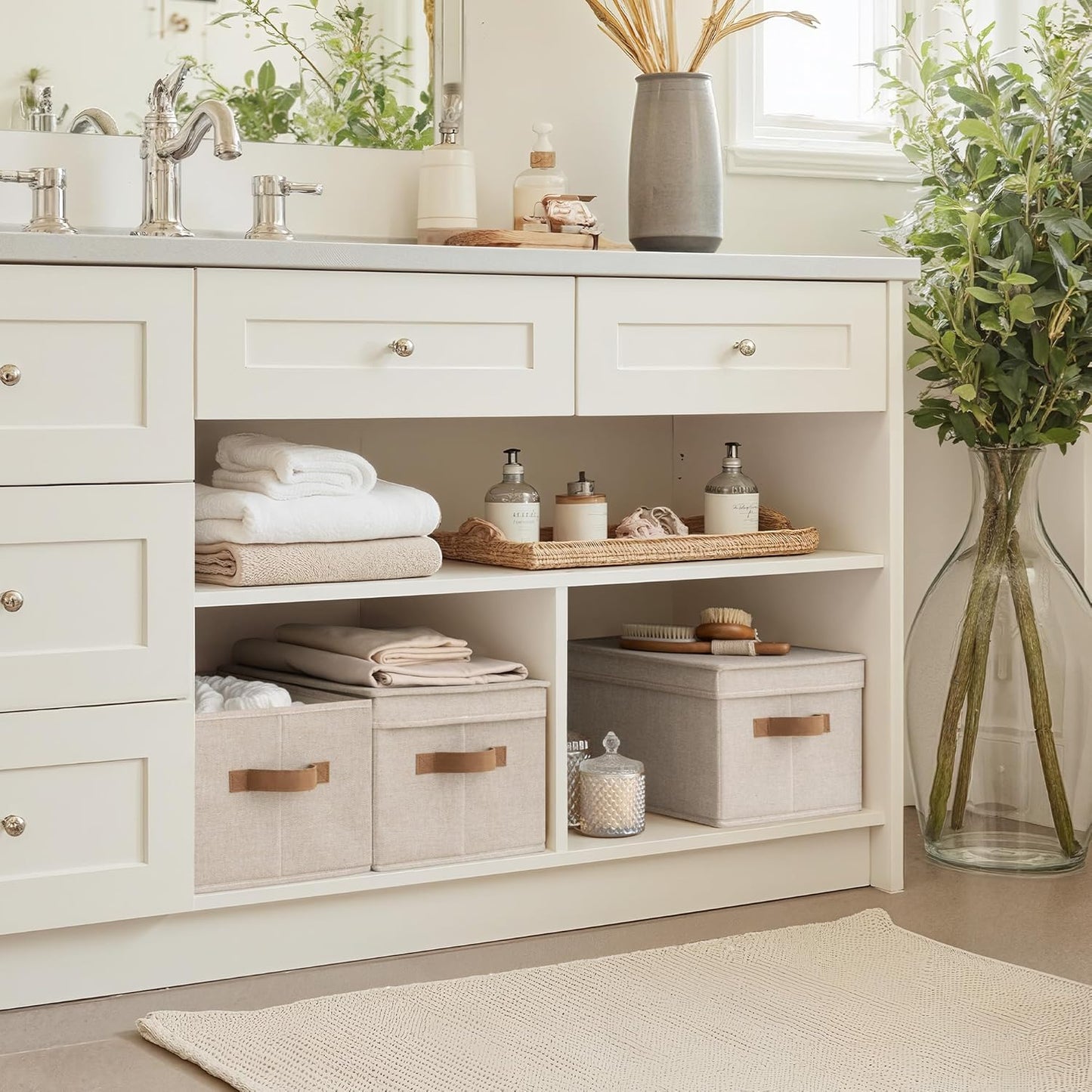 StorageWorks Large Storage Bins with Lids, Decorative Storage Boxes with Lid and PU Handles, Foldable Storage Baskets for Closet, Shelves, Stackable, Brown and Beige, 3-Pack