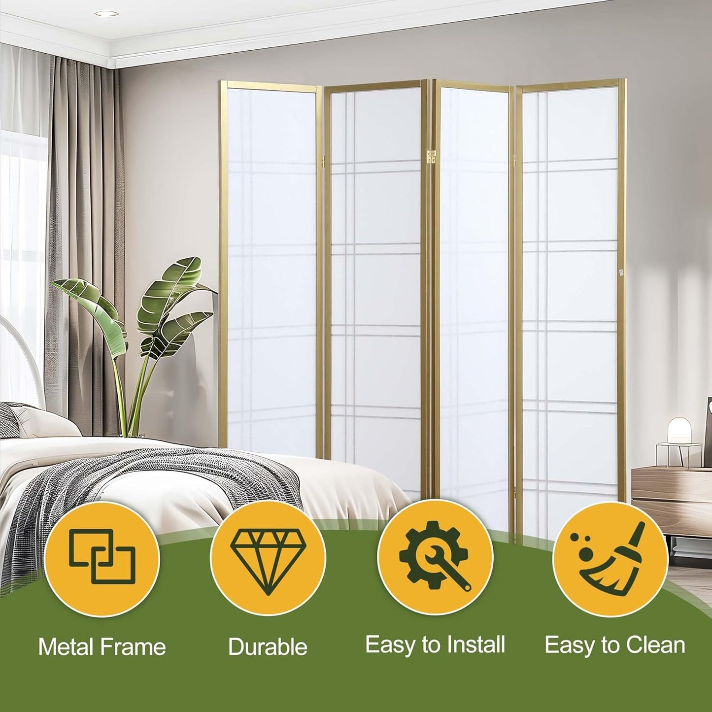 NicBex Room Divider 4 Panel Room Dividers with Paper-Looking Partition Room Dividers and Folding Privacy Screens Wall Divider for Home, Office, Room Separation,72" W x 1" D x 70" H, White+Gold