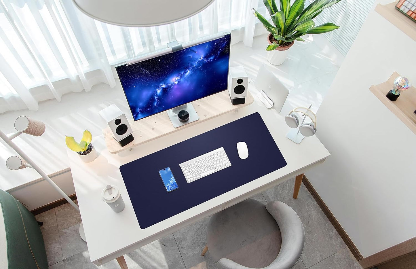 Leather Desk pad Protector, Large Desk mat with Natural Cork & PU Leather,Mouse pad,Non-Slip Office Desk Mat,Waterproof Desk Writing Pad for Office and Home (35in*17in, Blue)