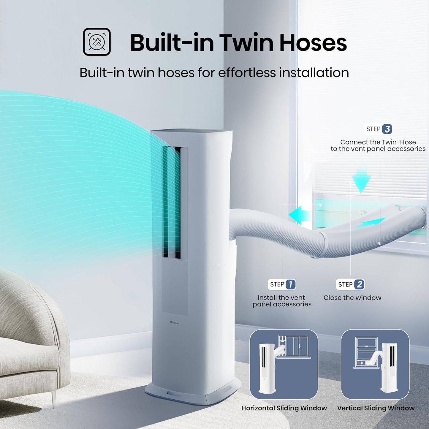 Hisense API0825UW1D Smart Inverter Twin Hose 8,000 BTU (DOE) 350 SF Heat/Cool Tower Portable Air Conditioner, White
