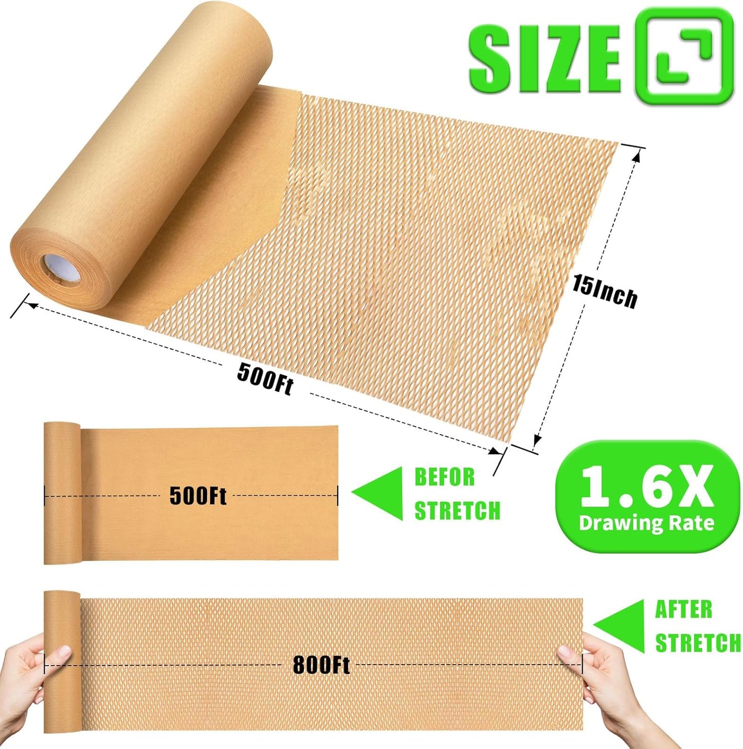 Honeycomb Packing Paper, MINHAO 15"x500' Eco Friendly Packing Paper for Moving Recyclable Honeycomb Paper Moving Supplies Bubble Paper Wrapping Protective Roll, With 36 Fragile Sticker Labels