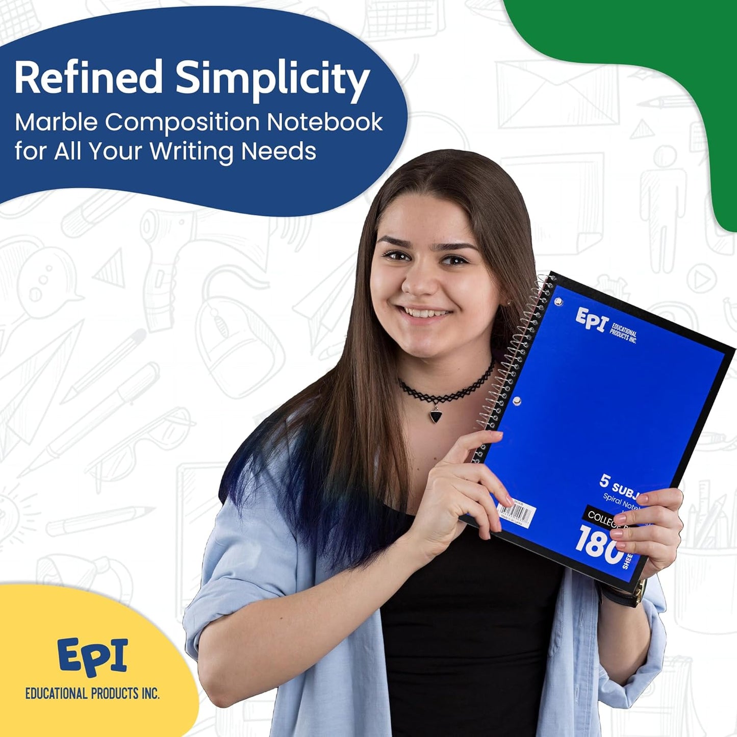EPI Spiral Notebook | 5 Subject - College Ruled - 180 Sheets, Durable Spiral Binding | 10.5 x 8 in | Classroom Supplies | School, Office, Note Taking, Journaling - 6 Pack