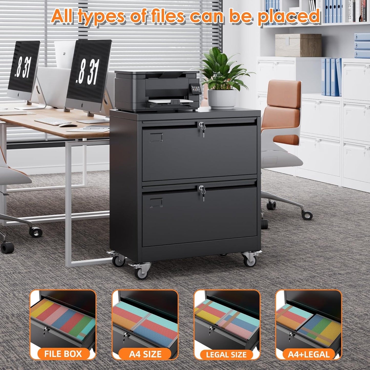 METAN Upgrade 2 Drawers Lateral File Cabinet on Wheels,Steel Office Filing Storage Cabinet with 2 Locks,Assembly Required,Black