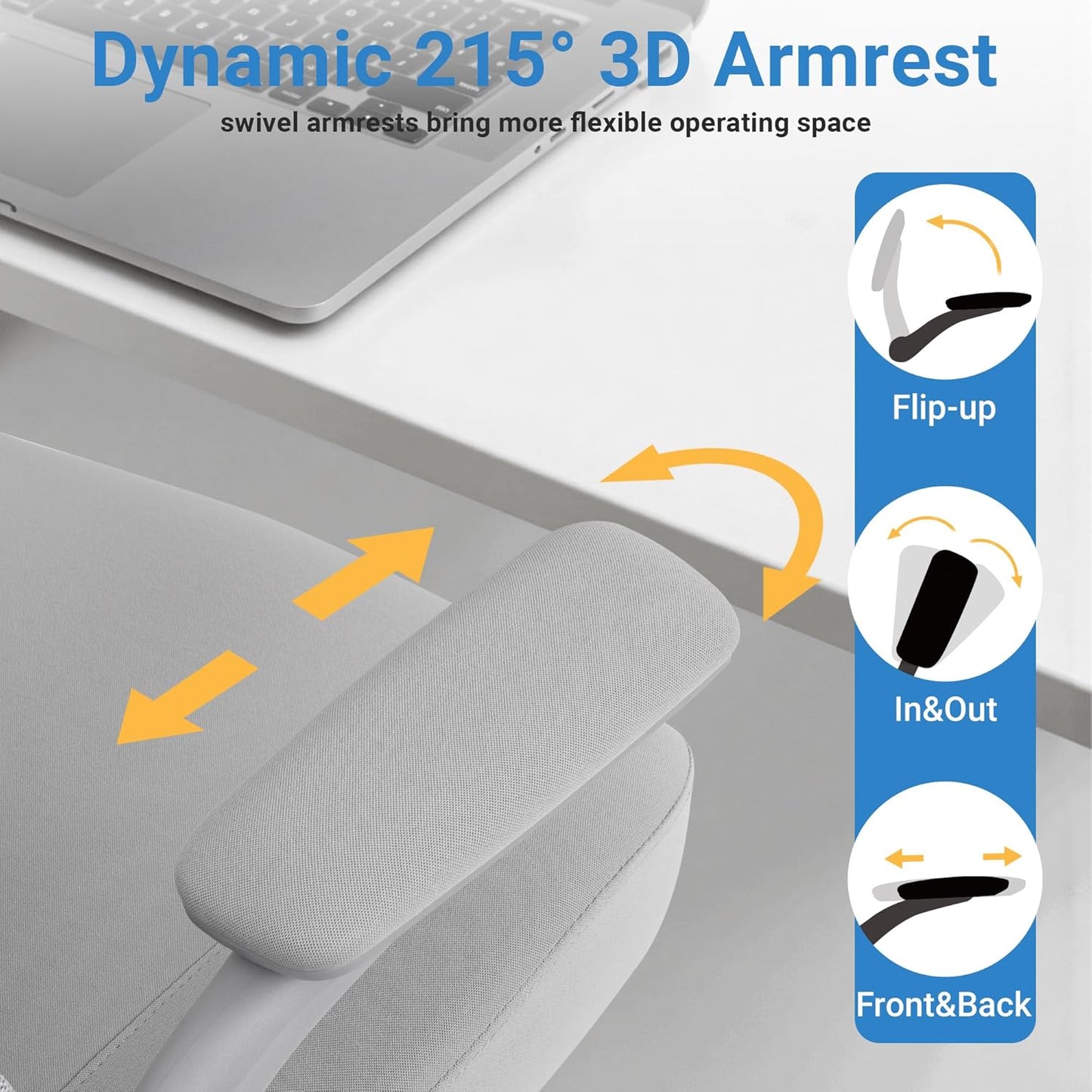 HYLONE Heavy Duty Office Chair, 5" Thickened Seat Ergonomic Desk Chair with Adjustable Armrests, Home Office Computer Chairs for Long Hours Mesh Executive Chair(Grey)