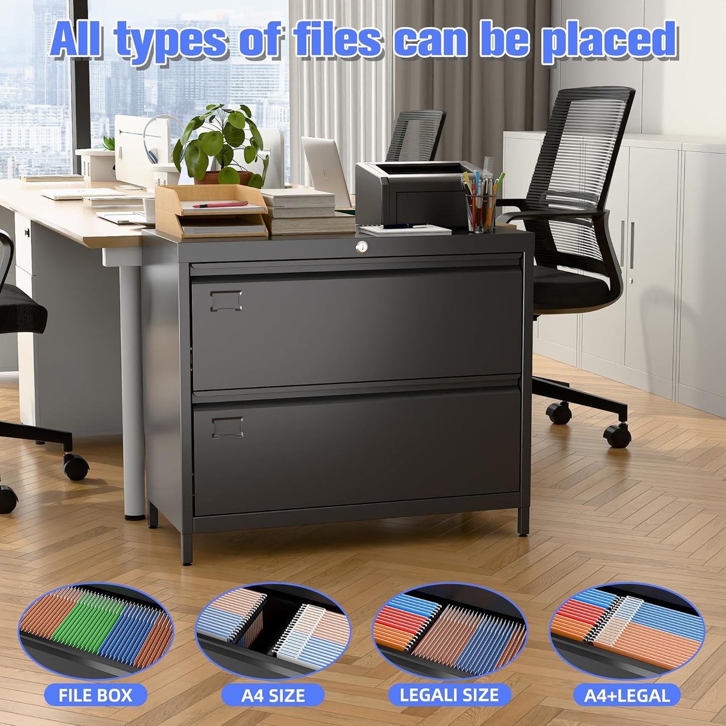 Metal 2 Drawer Lateral File Cabinet with Lock & Adjustable Feet - Wide Filing Cabinet for Letter/Legal/F4/A4 Hanging Files - Includes Business Card Holder,Home Office School Storage,Black