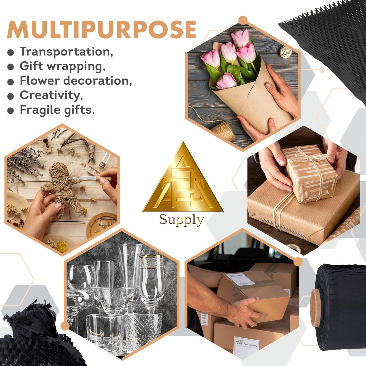 Black Honeycomb Packing Paper for Moving Breakables, 15 Inch x 100 Feet. Fragile Shipping Supplies. Perforated Packing Materials for Fragile Items. Moving Paper Wrap. Eco Friendly Packaging