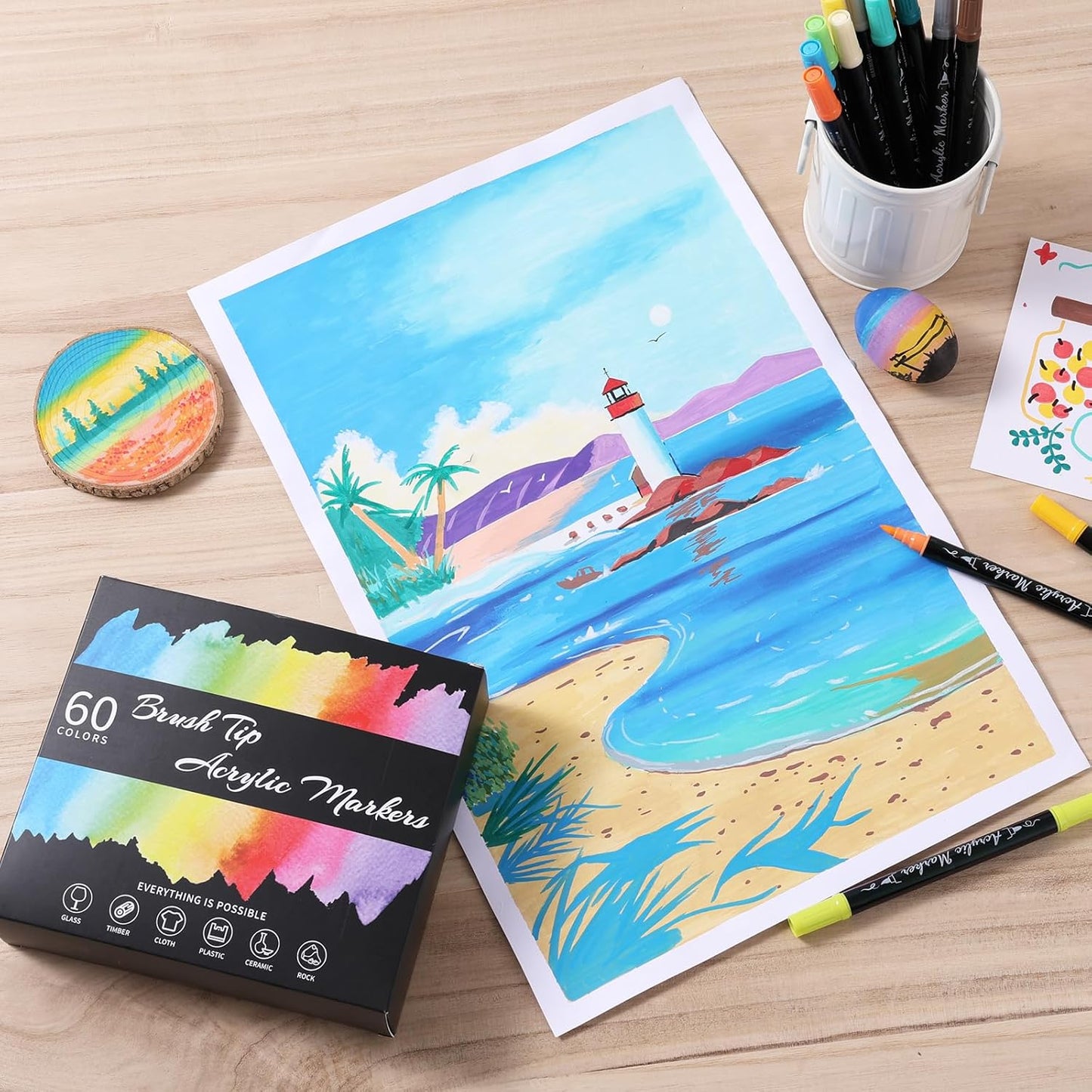 Acrylic Paint Pens Markers, 60 Colors Dual Tip Acrylic Paint Pens with Brush Tip and Fine Tip, Waterproof Markers for Rock Painting, Wood, Canvas, Stone, Glass, Ceramic,DIY Crafts Making Art Supplies