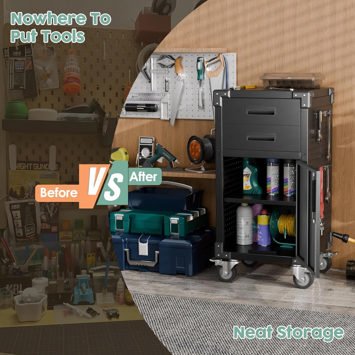 Garage Storage Cabinet, Metal Storage Cabinet with 1 Locking Door and 2 Drawers, Heavy Duty Rolling Workbench Table with Wheels and Pegboards for Garage, Office and Tool Room