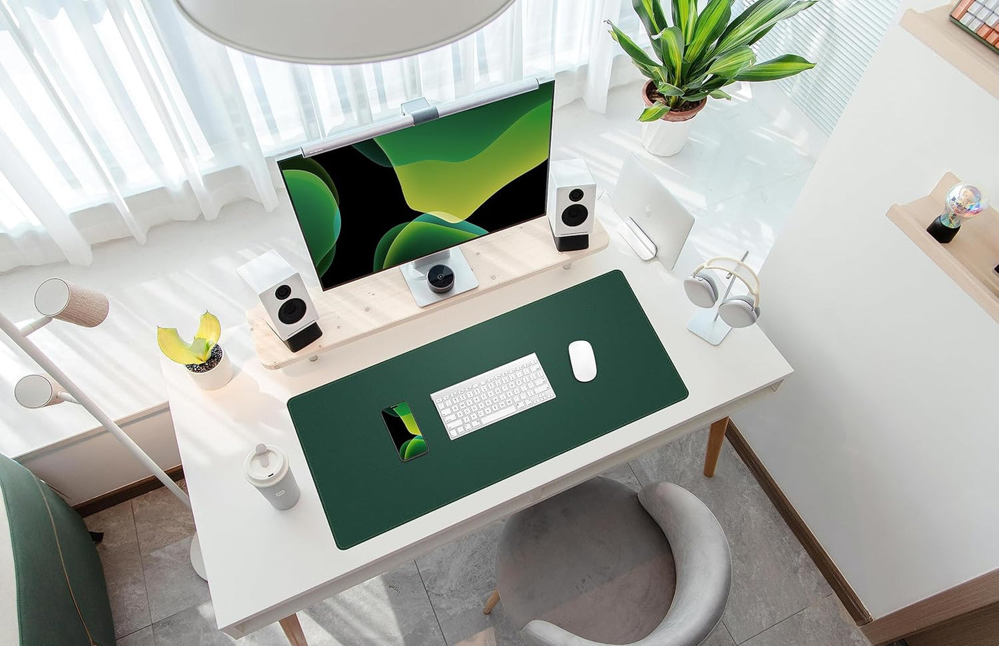 Leather Desk pad Protector, Large Desk mat with Natural Cork & PU Leather,Mouse pad,Non-Slip Office Desk Mat,Waterproof Desk Writing Pad for Office and Home (35in*17in, Dark Green)