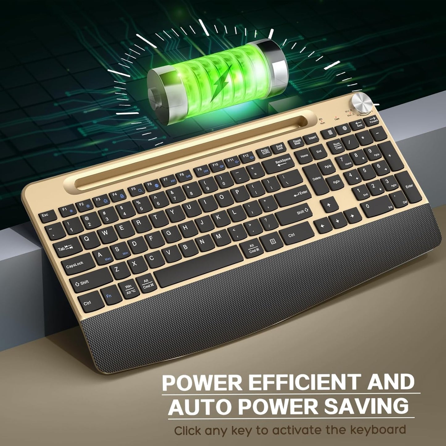 Ergonomic Wireless Keyboard with Wrist Rest-Low-Profile,Phone/Tablet Holder,Quiet Design,Windows & Mac OS,Full Size Cordless USB Computer Keyboard for Desktop,Laptop, PC, Mac, Windows-Gold