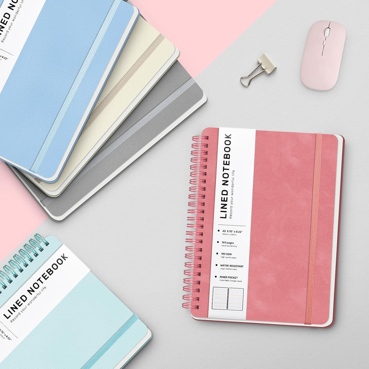 Lined Spiral Journal Notebook, A5 Hardcover Leather Notebook for Work, 5.7''×8.2'', 100GSM Thick Paper Spiral Bound Journaling Notebook for Women Men Office School Note Taking Business, Morandi Pink