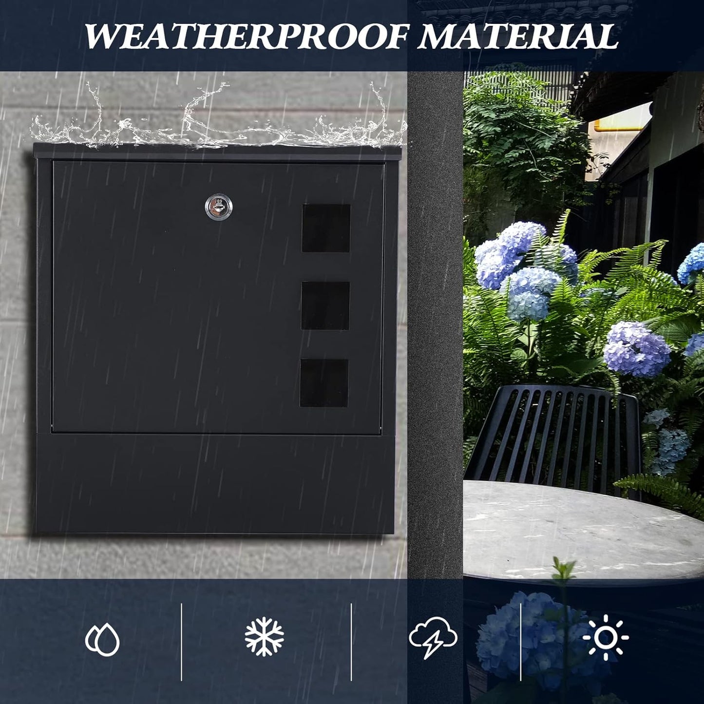 KYODOLED Locking Mailbox Wall Mount, Locked Mail Boxes, Mailbox with Key Lock for Outside, Large Capacity Drop Box for Newspapers, 13 x 3.4 x 11.8 Inch, Black