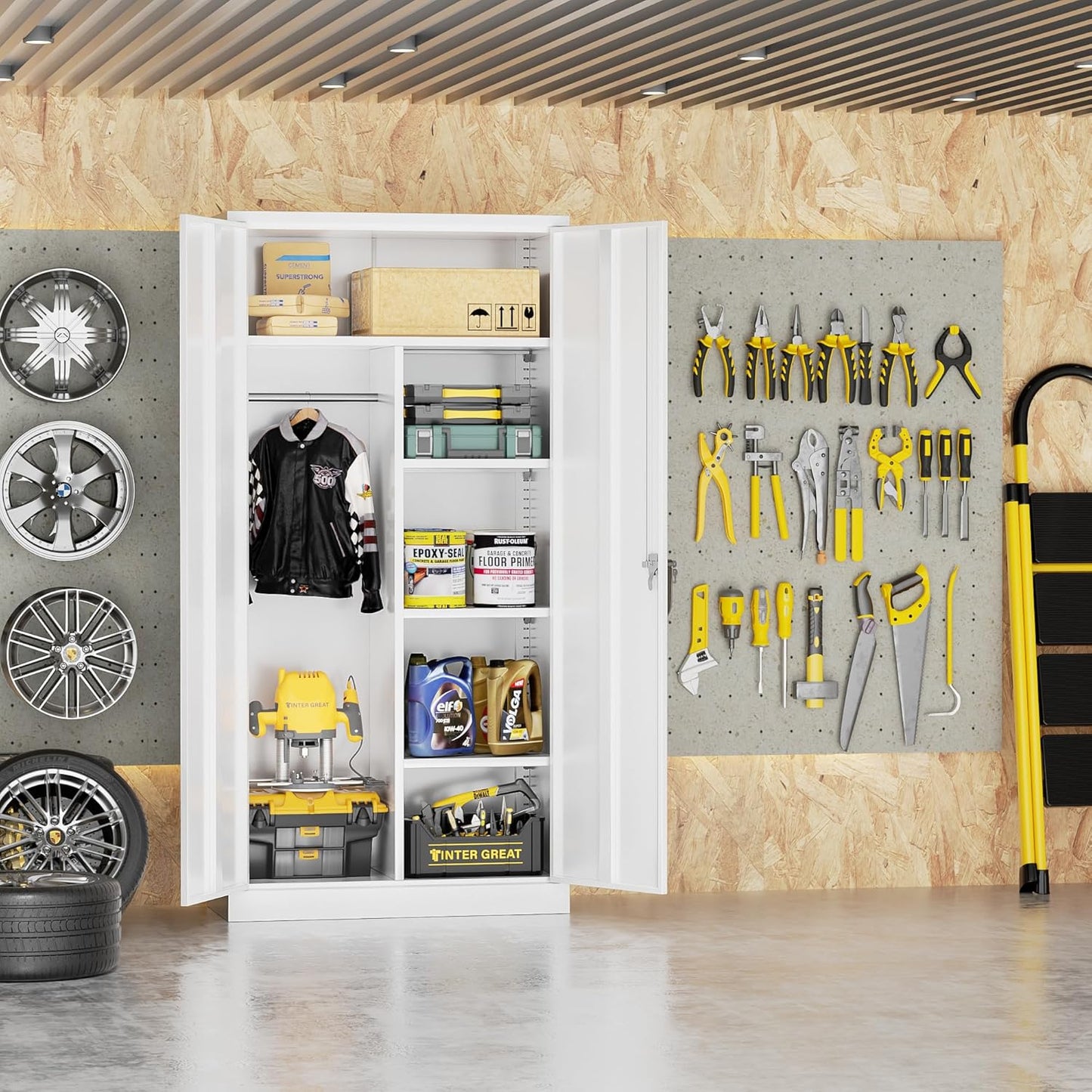 INTERGREAT Metal Storage Cabinet,Armoire Wardrobe Closet with 4 Adjustable Shelves and Hanging Rod,Metal Wardrobe Cabinet with Lockable Doors for Home Office,Warehouse,Garage,White