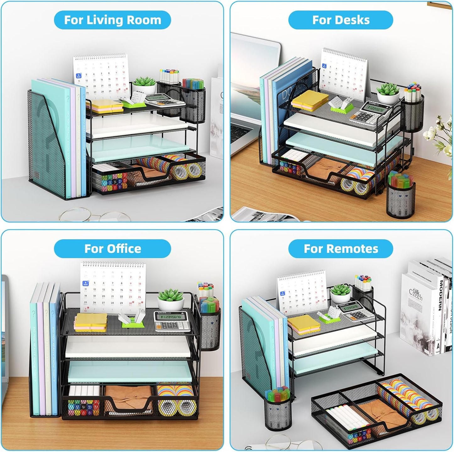 Marbrasse Desk Organizer and Accessories,4-Tier Paper Letter Tray Organizer with File Holder, Desk Accessories & Workspace Organizers with Drawer and 2 Pen Holder (Black, 15.4" x 9.1" x 8.3")