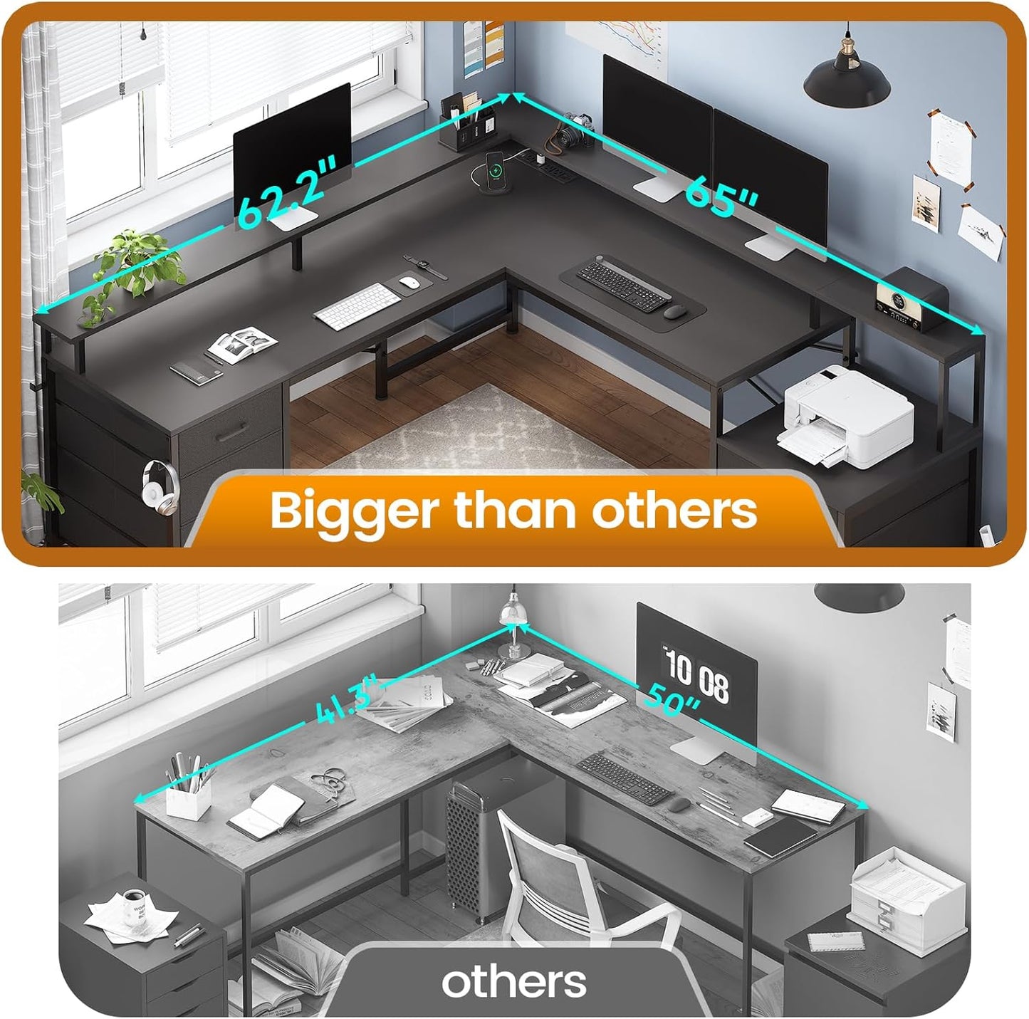 SEDETA L Shaped Desk with 6 Drawer, 108" Home Office Desk with File Drawer & Power Outlet, Corner Computer Desk with Monitor Shelf, File Cabinet, Two Person Desk, Gaming Desk with Led Lights, Black