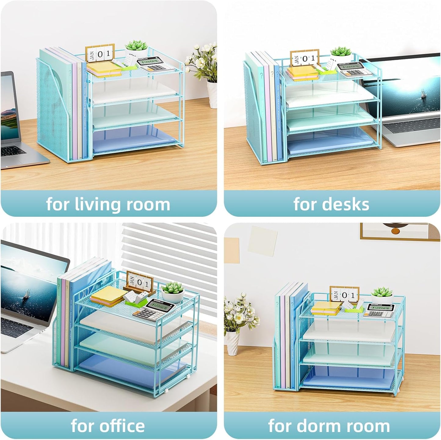 Marbrasse Desk Organizer and Accessories,4-Tier Paper Letter Tray Organizer with File Holder,Desk Accessories & Workspace Desktop Organizers for School Home Office Supplies (Blue)