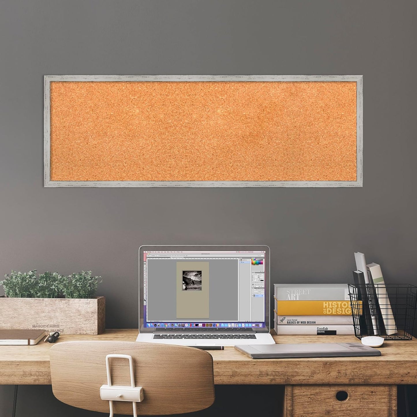 Amanti Art Natural Cork Board for Wall, 13x37 Vision Board with White Frame, Medium Corkboard Office Decor for Home Organization, Cottage Corkboard Pinboard to Display Items for Home Organization in