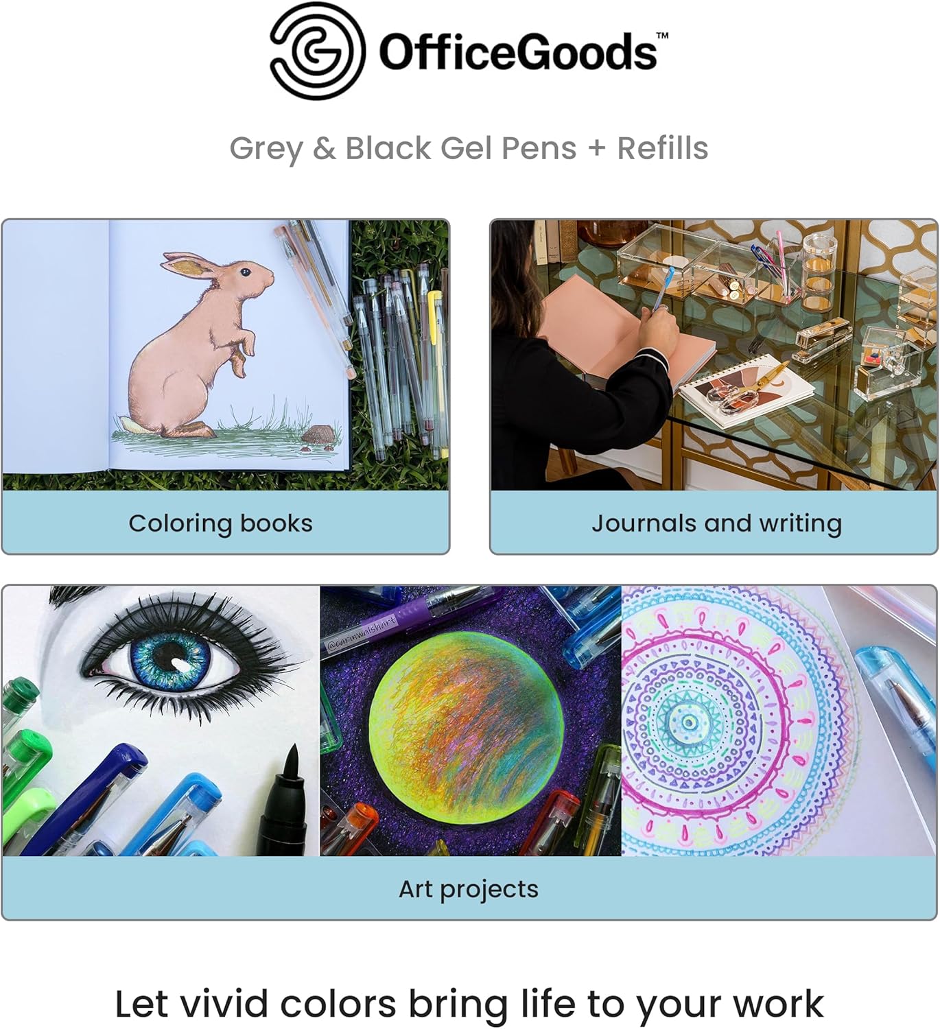 OfficeGoods Blue Gel Pens with Refills – Colored Adults Coloring Art – Medium 0.8-1.0mm Tips – Non-Toxic Gel Pens Set – Quick Dry Smudge-Free 24 Pack Colors