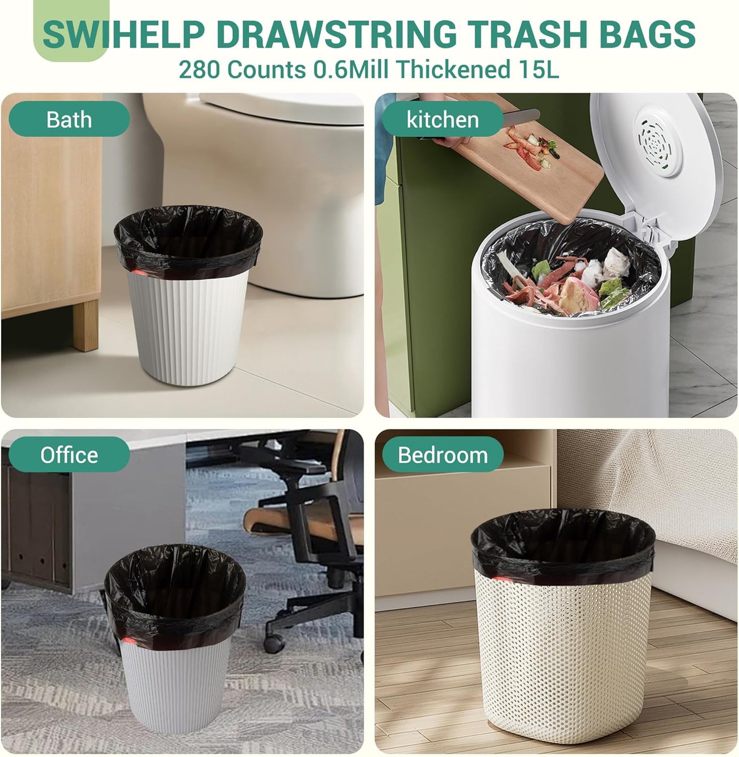 SWIHELP Drawstring Trash Bags 280 Counts 4 Gallon Garbage Bags 15 Liters Plastic Trash Can Liners Waste Basket Bin Liners