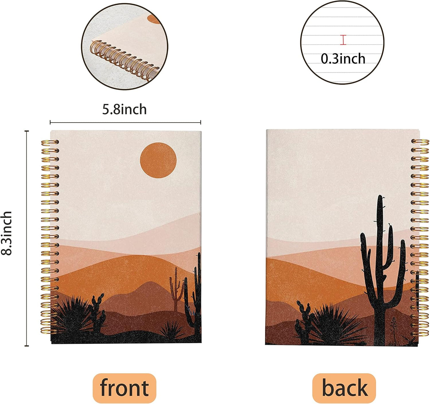 VNWEK Abstract Boho Desert Sun Cactus Landscape Spiral Notebook Journal 5.5×8.3 Inch,Boho Mid-Century Modern Art Lined Hardcover Spiral Notebook for Work Notes Journaling, Gifts for Women Girls