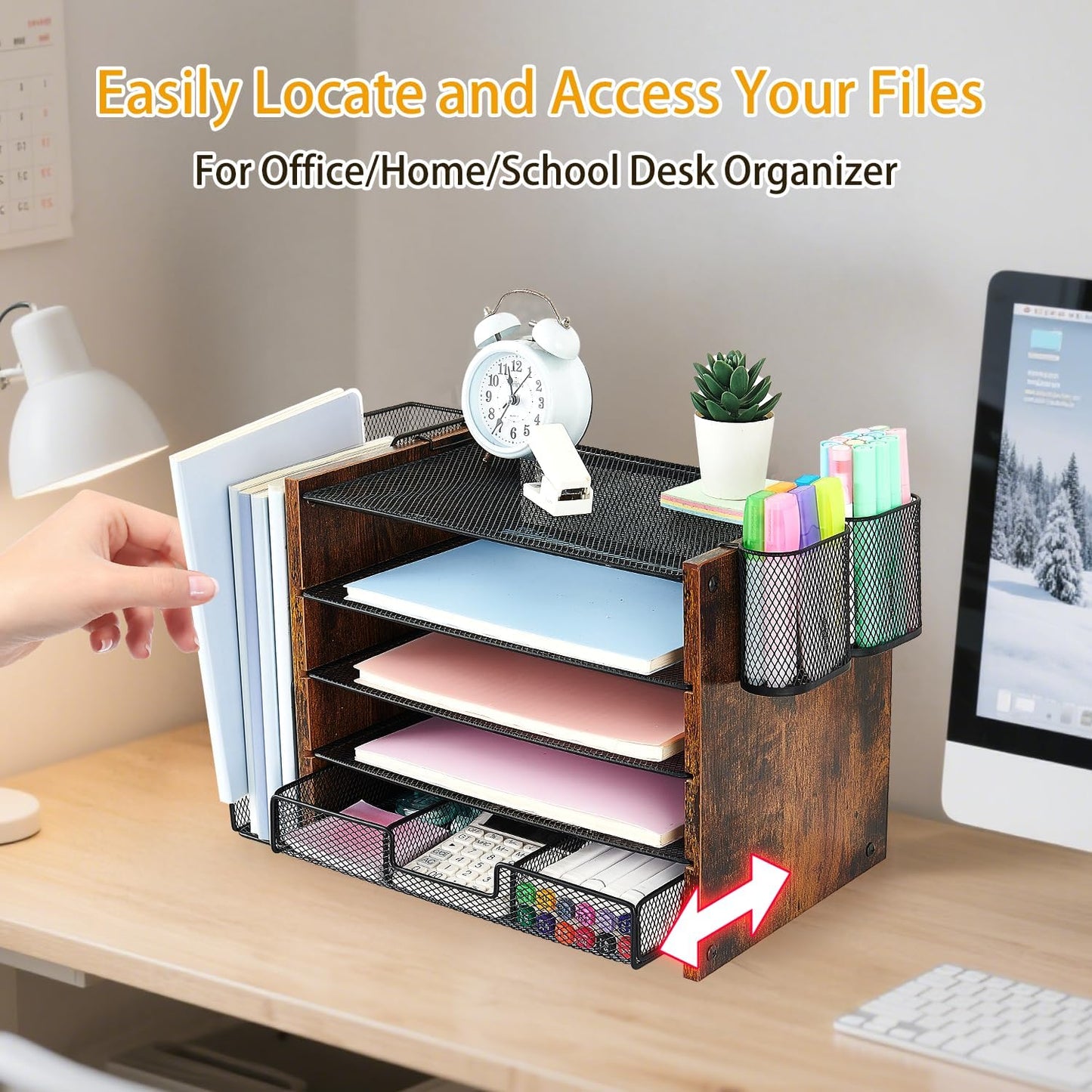 Wood Desk Organizers and Accessories with File Organizer, 5-Tier Paper Organizer with Drawer & Pen Holder, Office Desk Accessories, Workspace Desktop Storage for Office Supplies Organization(Brown)