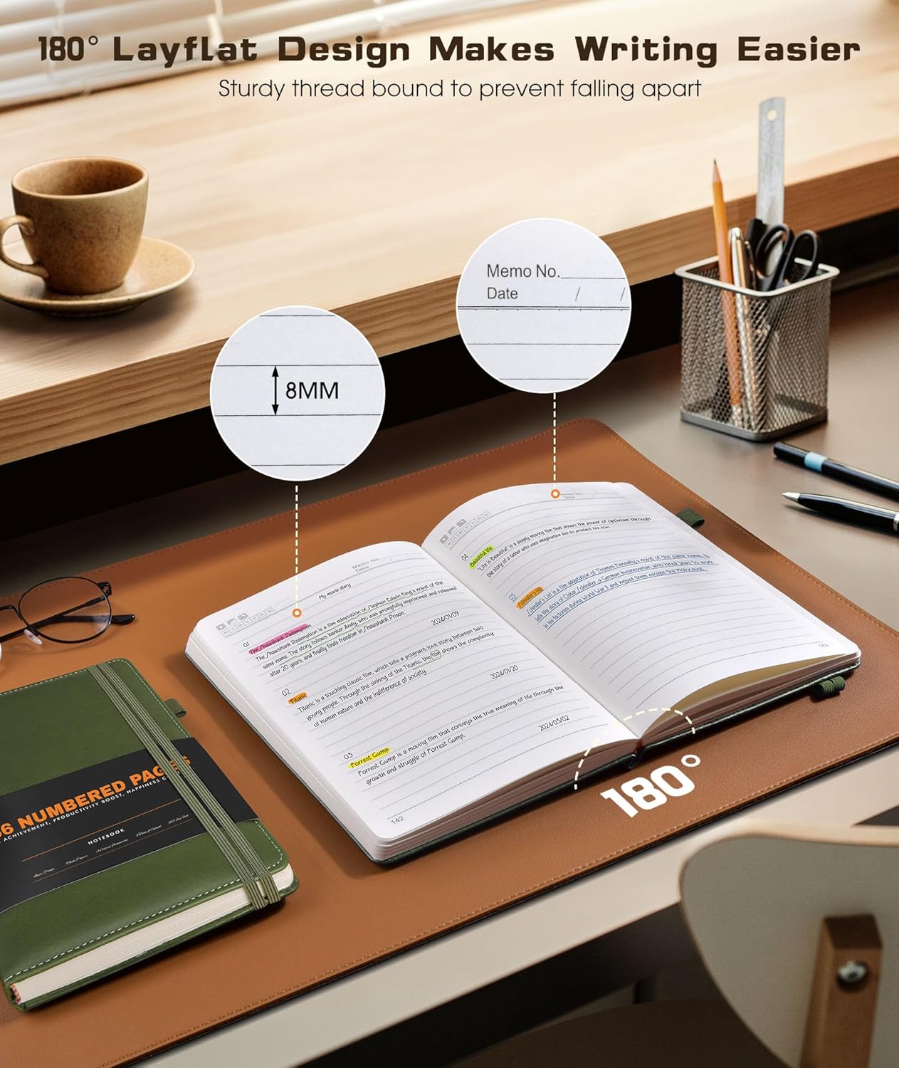 Lined Journal Notebook for Women Men, 256 Numbered Pages Hardcover Leather Journals for Writing, A5 Journaling Notebooks, College Ruled Journal for Business Work School 5.75" x 8.38" Olive Green